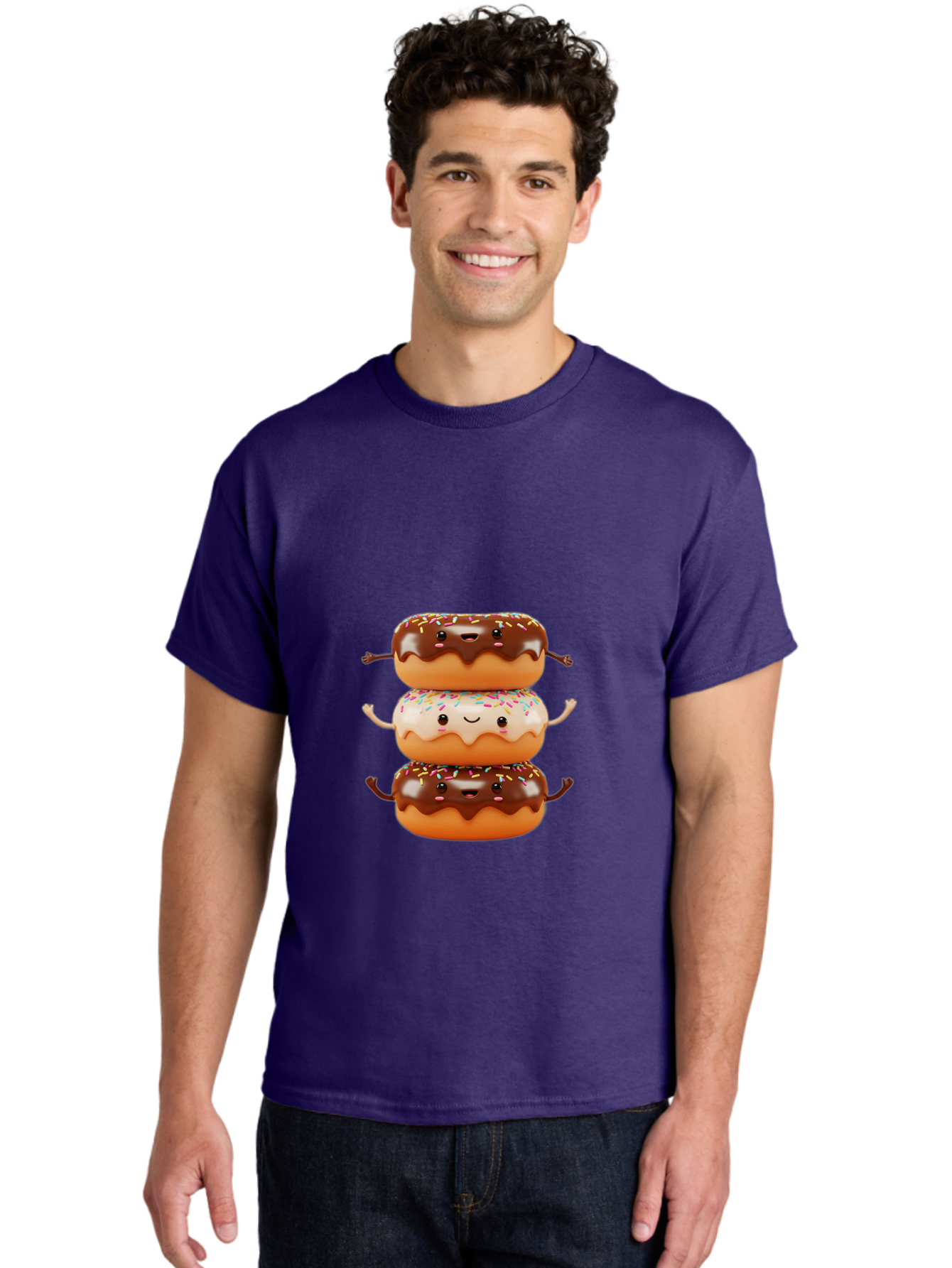 Donut-Stack Men'S Graphic Tee, 100% Cotton, Comfortable Casual Summer Wear, Machine Washable, Stacked Donuts, Chocolate Glazed Donut, Sprinkles Donut, Smiling Faces, Colorful Sweets, Playful Pastries, Sweet Treats, Dessert Lovers, Donut Stack, Baa514