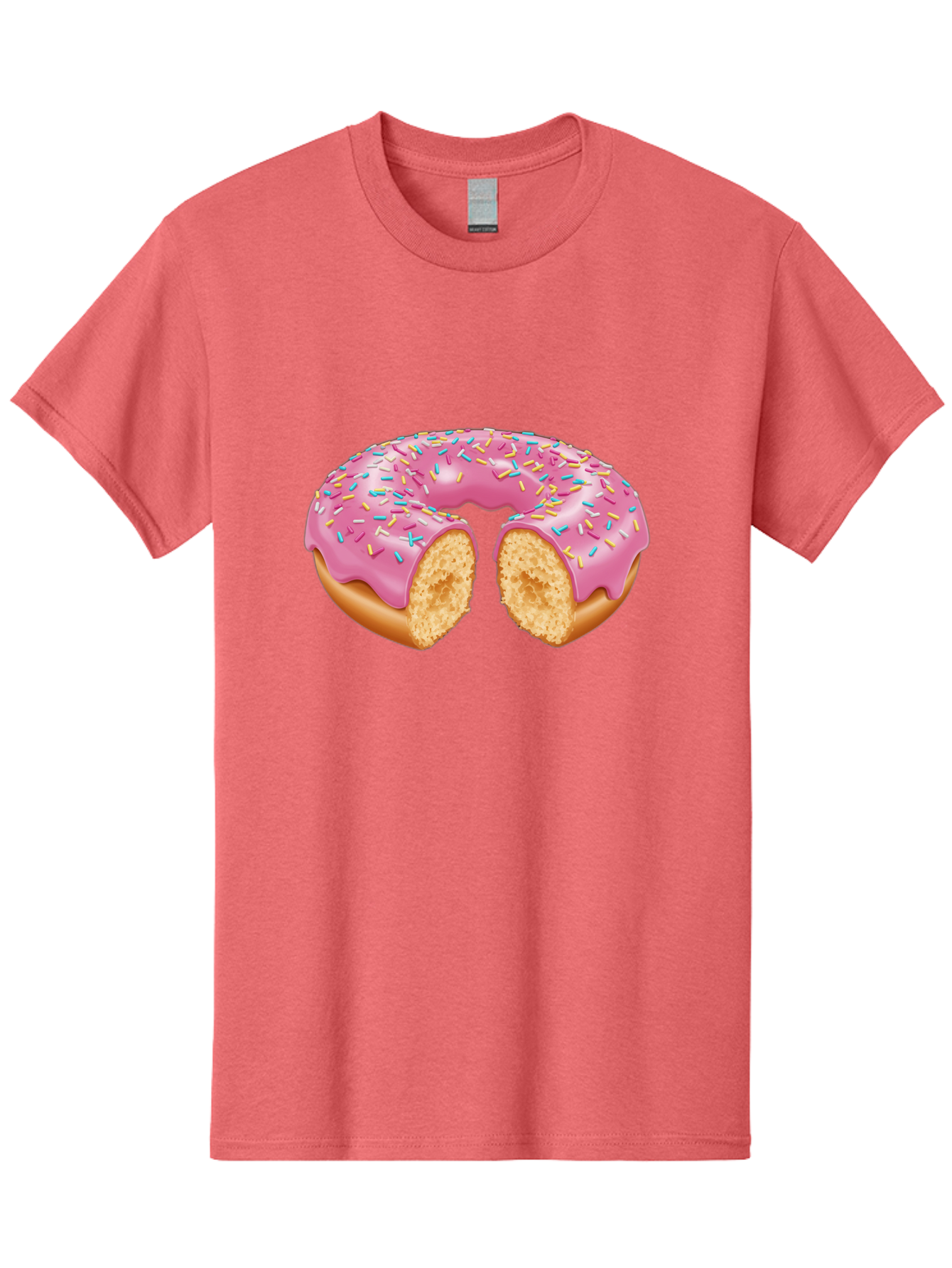 Donut-With-Pink-Frosting-And-Sprinkles-Cut-In-Half Men'S Graphic Tee, 100% Cotton, Comfortable Casual Summer Wear, Machine Washable, Pink Frosted Donut, Donut With Sprinkles, Bitten Donut, Sweet Treats, Dessert, Baked Goods, Tasty Donut, Baa515