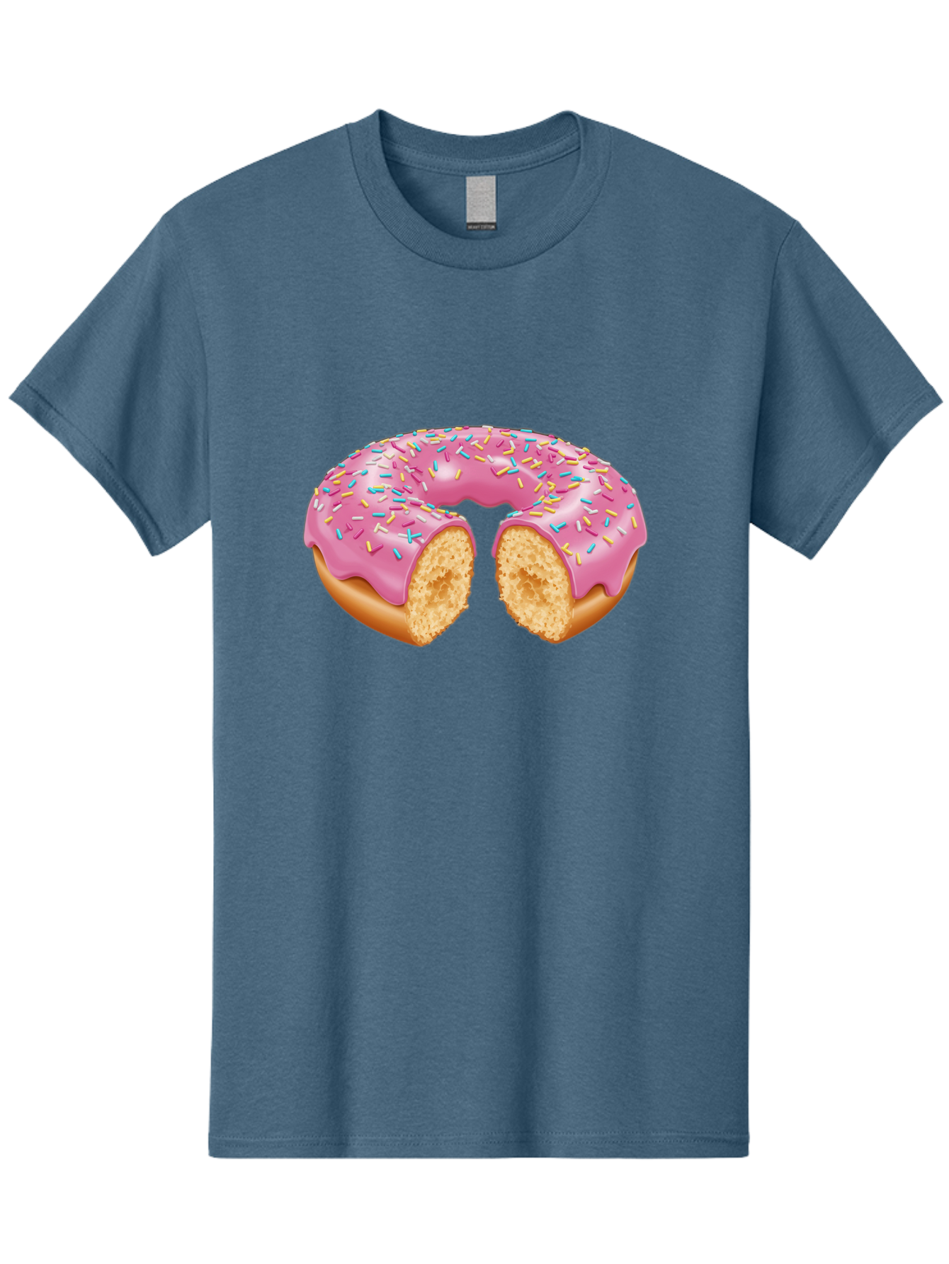 Donut-With-Pink-Frosting-And-Sprinkles-Cut-In-Half Men'S Graphic Tee, 100% Cotton, Comfortable Casual Summer Wear, Machine Washable, Pink Frosted Donut, Donut With Sprinkles, Bitten Donut, Sweet Treats, Dessert, Baked Goods, Tasty Donut, Baa515