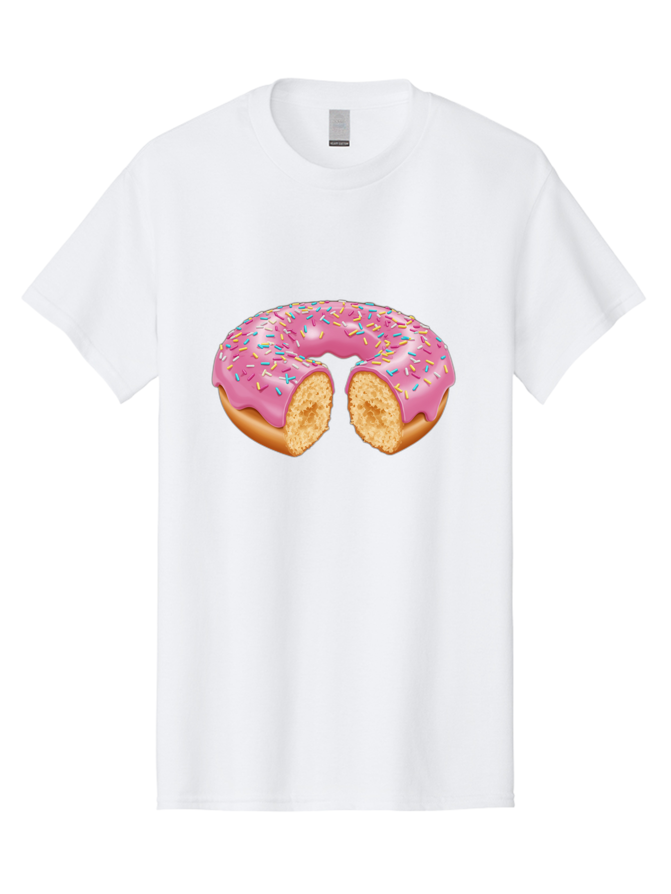 Donut-With-Pink-Frosting-And-Sprinkles-Cut-In-Half Men'S Graphic Tee, 100% Cotton, Comfortable Casual Summer Wear, Machine Washable, Pink Frosted Donut, Donut With Sprinkles, Bitten Donut, Sweet Treats, Dessert, Baked Goods, Tasty Donut, Baa515