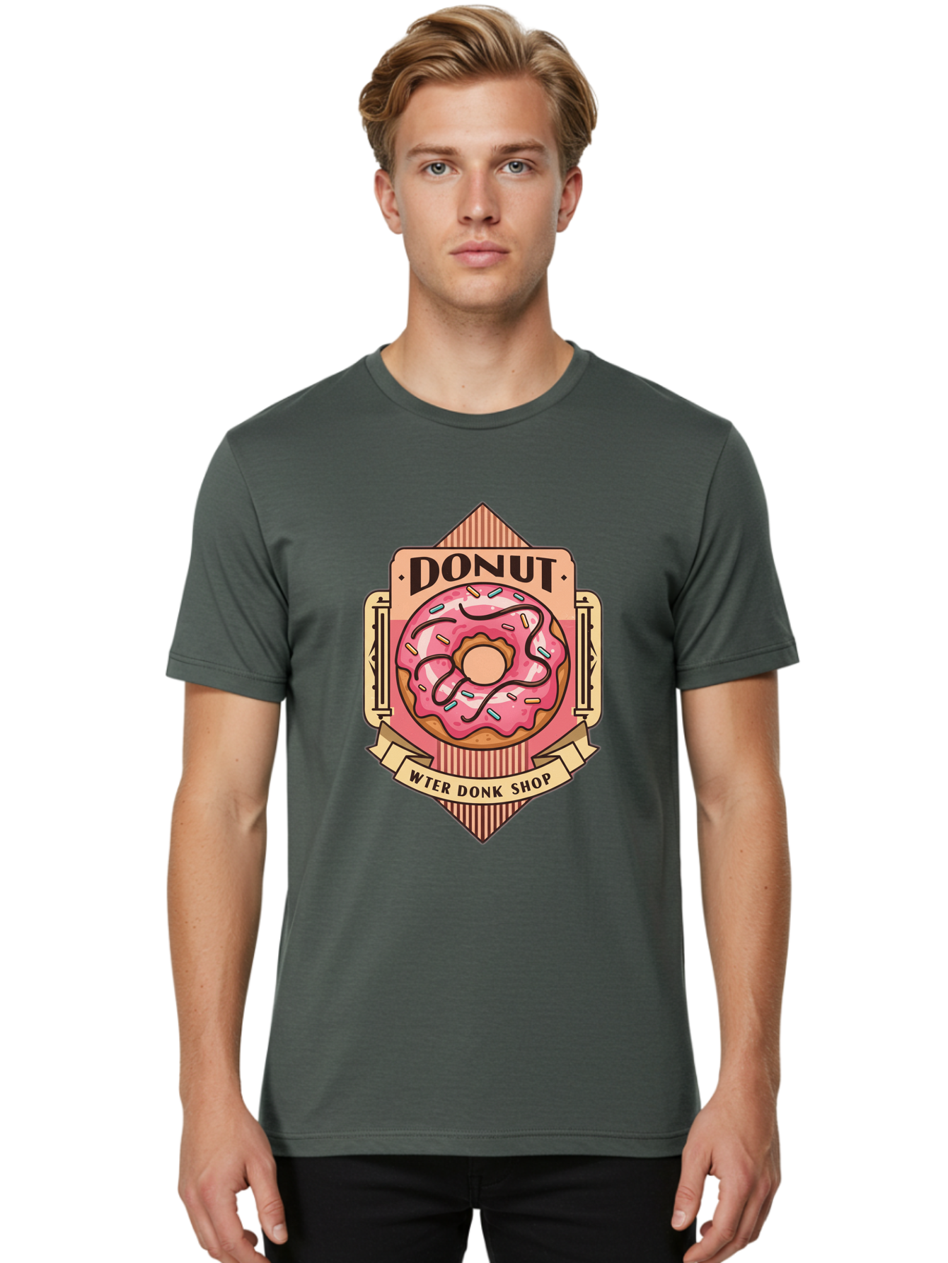 Donut-Wter-Donk-Shop Men'S Graphic Tee, 100% Cotton, Comfortable Casual Summer Wear, Machine Washable, Vintage Donut Illustration, Retro Donut Shop Signage, Sweet Treats, Dessert Lovers, Tasty Donuts, Donut Shop Branding, Classic Donut Design, Baa517
