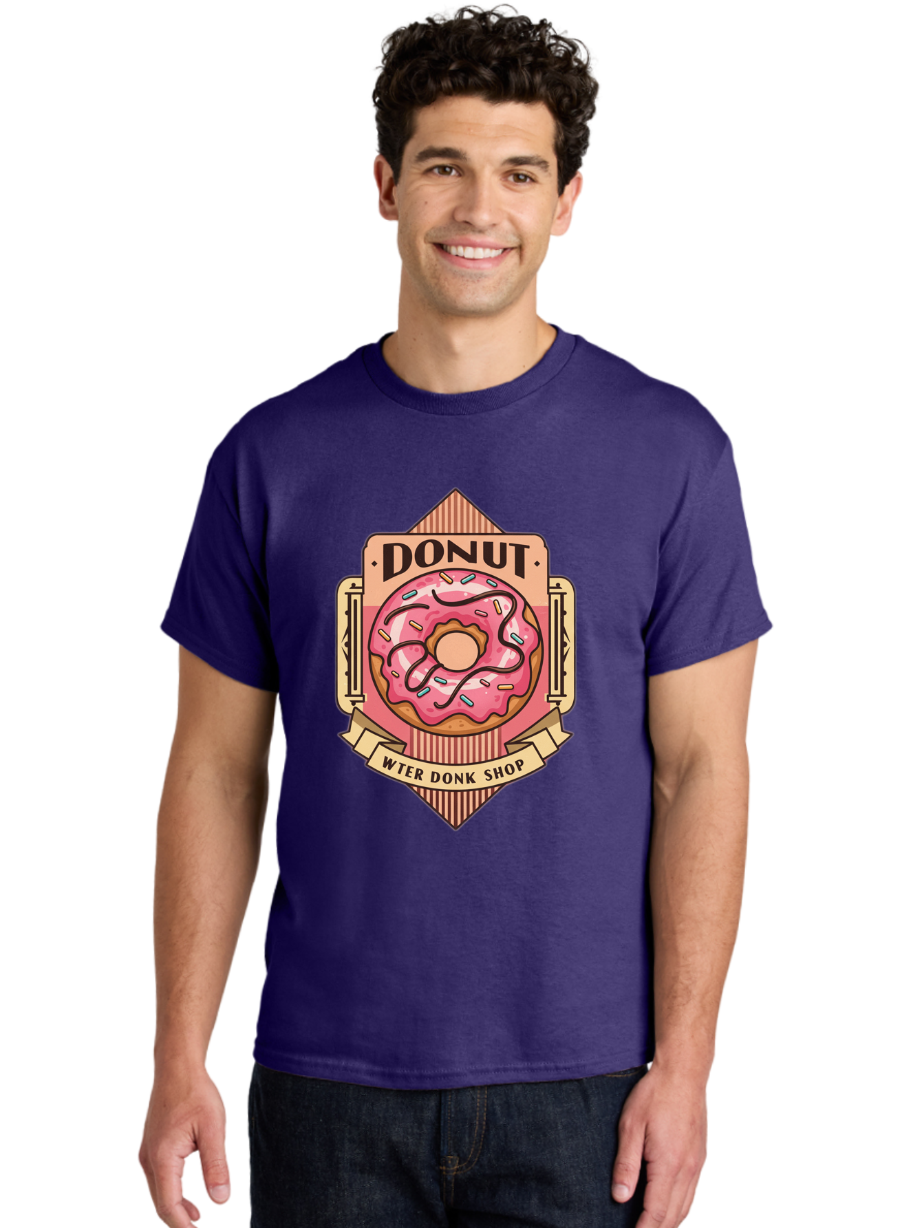 Donut-Wter-Donk-Shop Men'S Graphic Tee, 100% Cotton, Comfortable Casual Summer Wear, Machine Washable, Vintage Donut Illustration, Retro Donut Shop Signage, Sweet Treats, Dessert Lovers, Tasty Donuts, Donut Shop Branding, Classic Donut Design, Baa517
