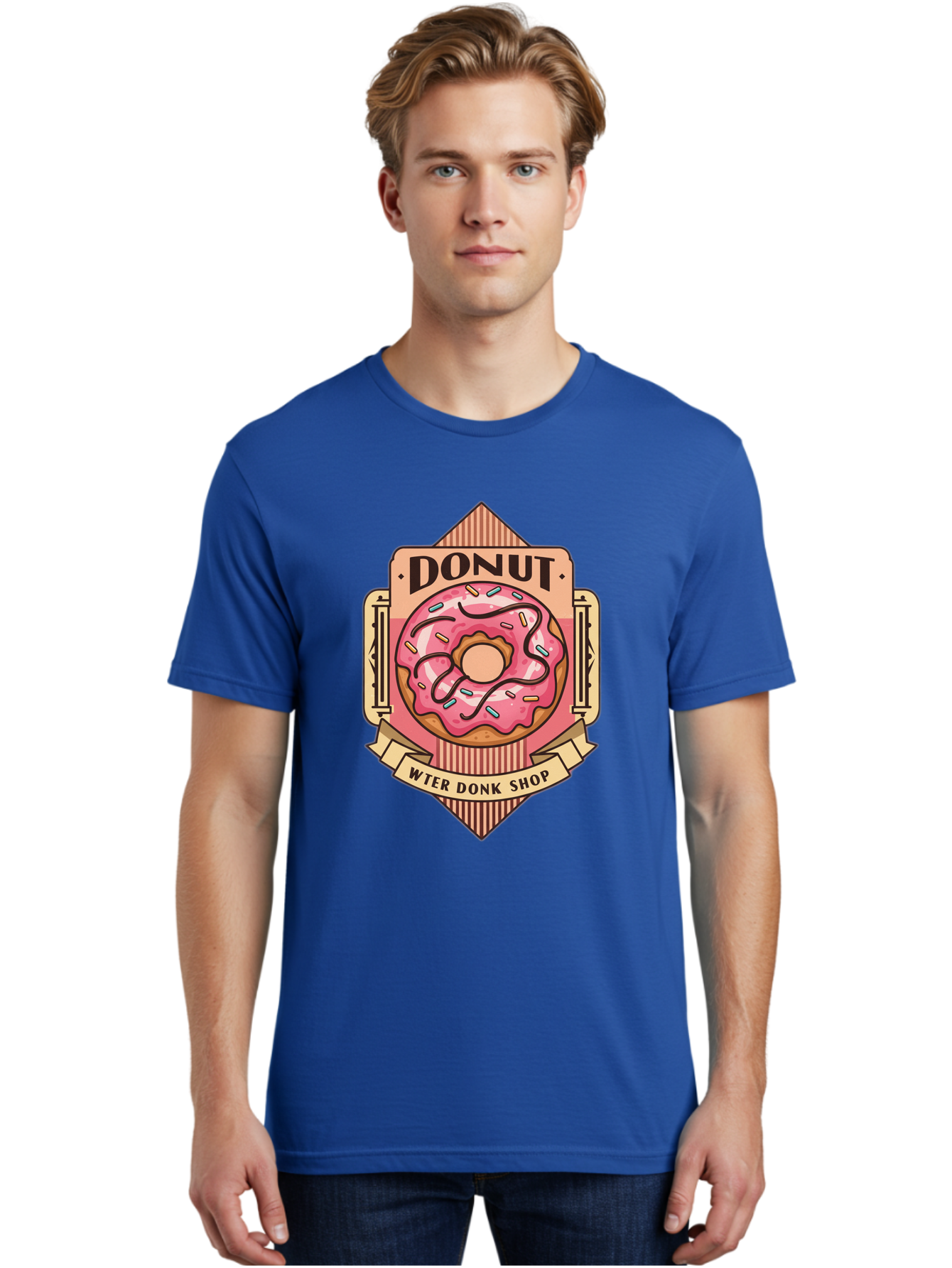 Donut-Wter-Donk-Shop Men'S Graphic Tee, 100% Cotton, Comfortable Casual Summer Wear, Machine Washable, Vintage Donut Illustration, Retro Donut Shop Signage, Sweet Treats, Dessert Lovers, Tasty Donuts, Donut Shop Branding, Classic Donut Design, Baa517