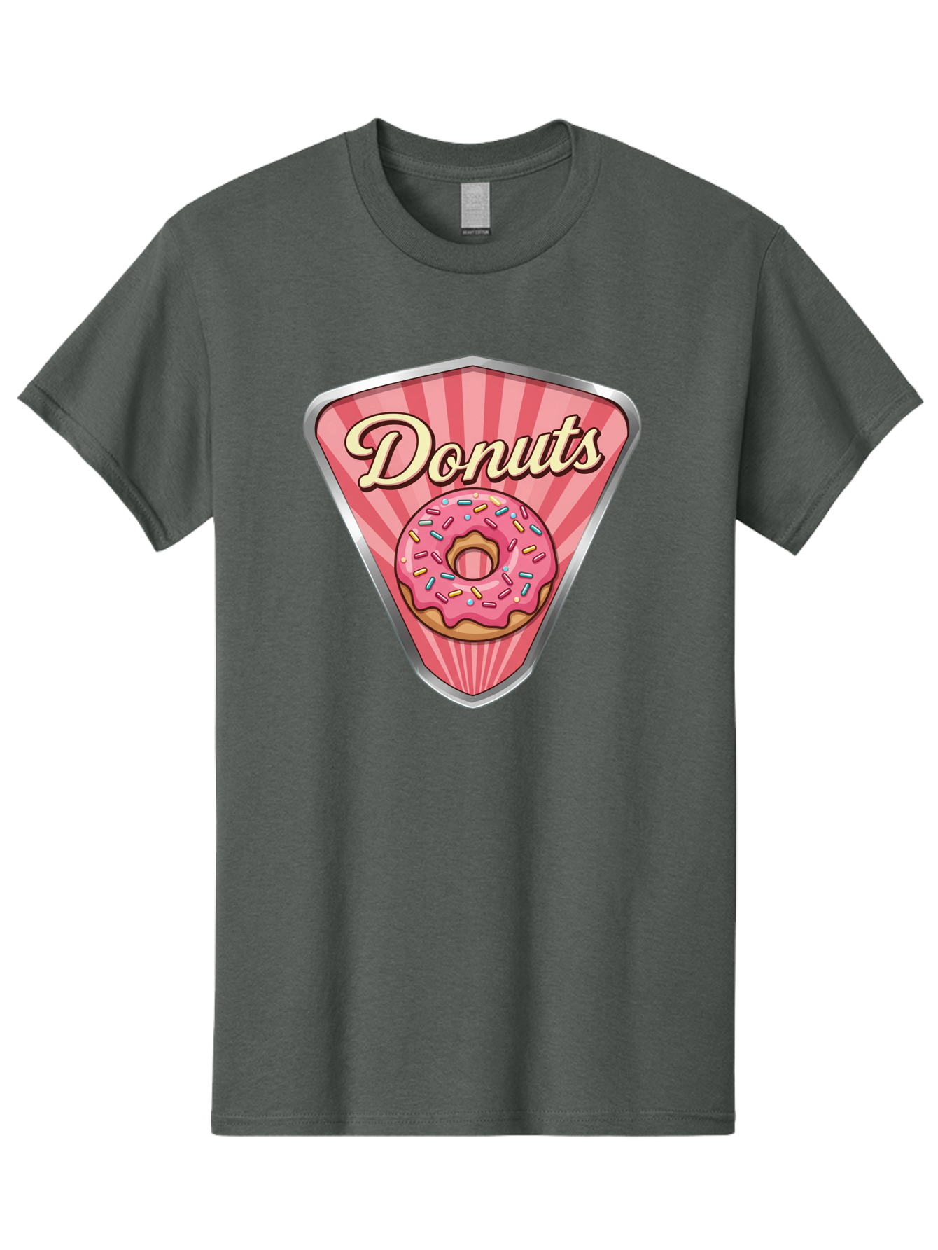 Donuts-1 Men'S Graphic Tee, 100% Cotton, Comfortable Casual Summer Wear, Machine Washable, Pink Frosted Donut, Colorful Sprinkles, Sweet Treats, Dessert Shop, Bakery Logo, Tasty Donuts, Donut Illustration, Pink Stripes, Silver Border, Baa519