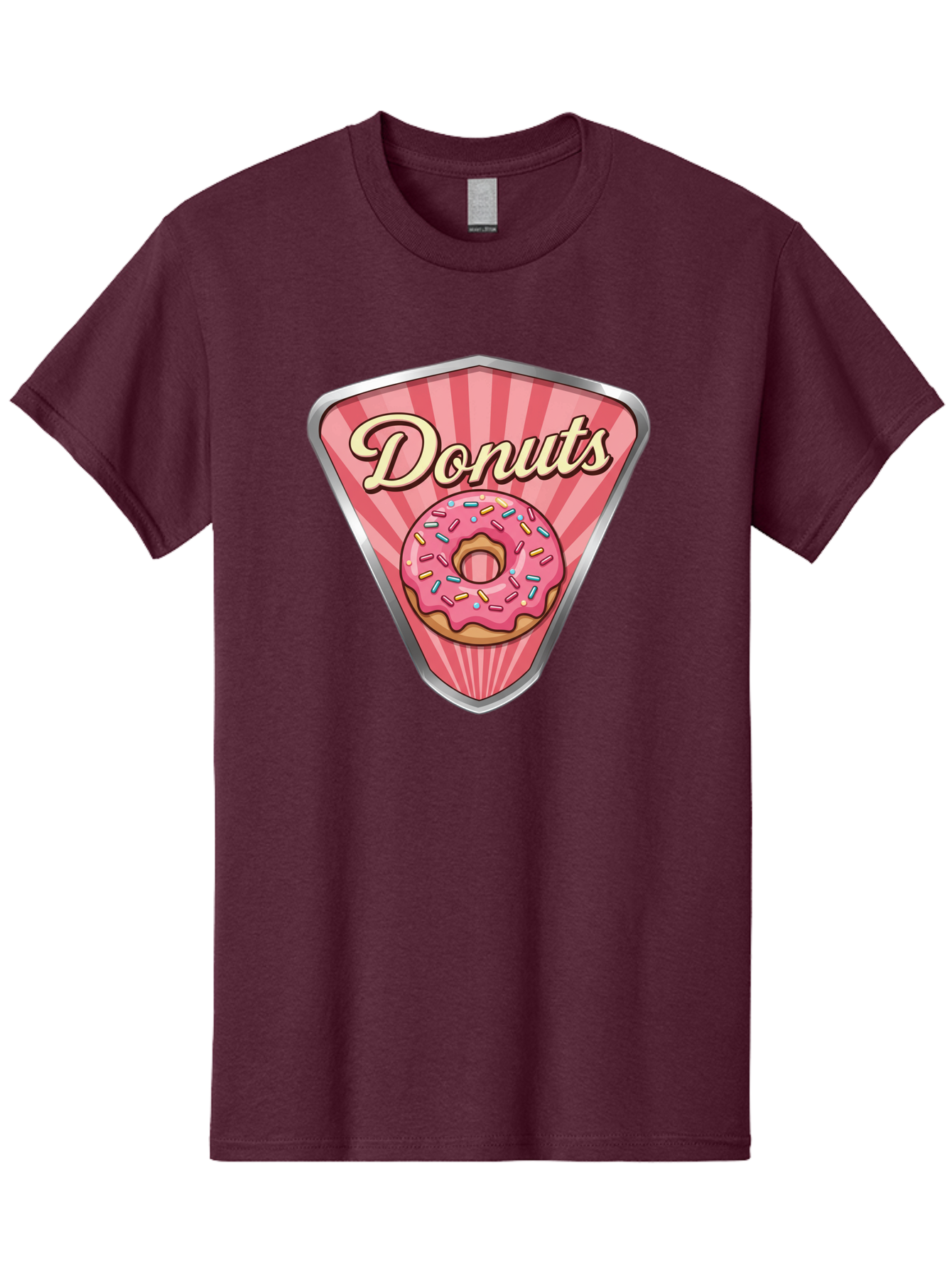 Donuts-1 Men'S Graphic Tee, 100% Cotton, Comfortable Casual Summer Wear, Machine Washable, Pink Frosted Donut, Colorful Sprinkles, Sweet Treats, Dessert Shop, Bakery Logo, Tasty Donuts, Donut Illustration, Pink Stripes, Silver Border, Baa519