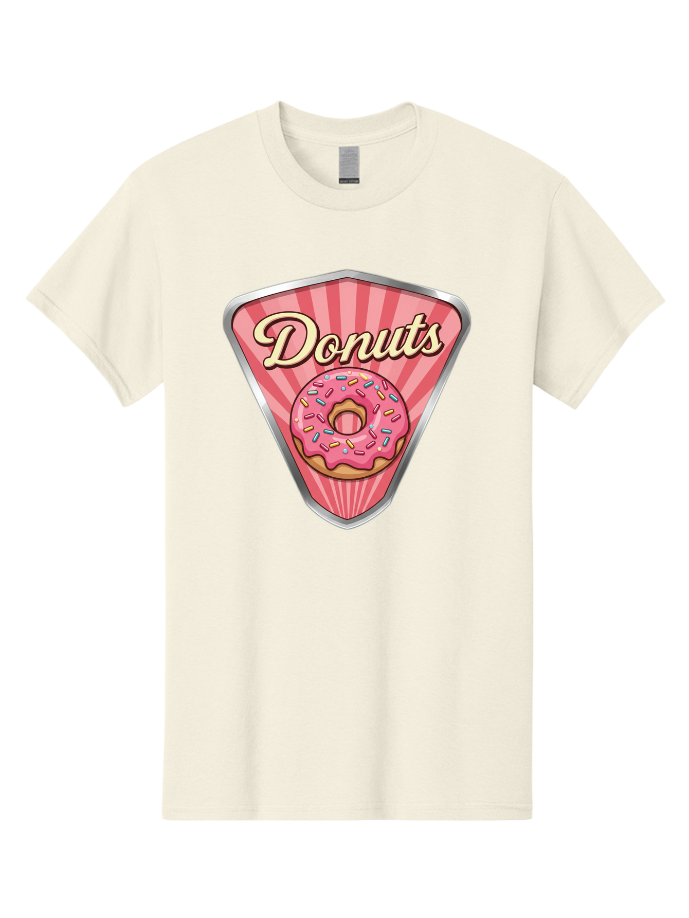 Donuts-1 Men'S Graphic Tee, 100% Cotton, Comfortable Casual Summer Wear, Machine Washable, Pink Frosted Donut, Colorful Sprinkles, Sweet Treats, Dessert Shop, Bakery Logo, Tasty Donuts, Donut Illustration, Pink Stripes, Silver Border, Baa519