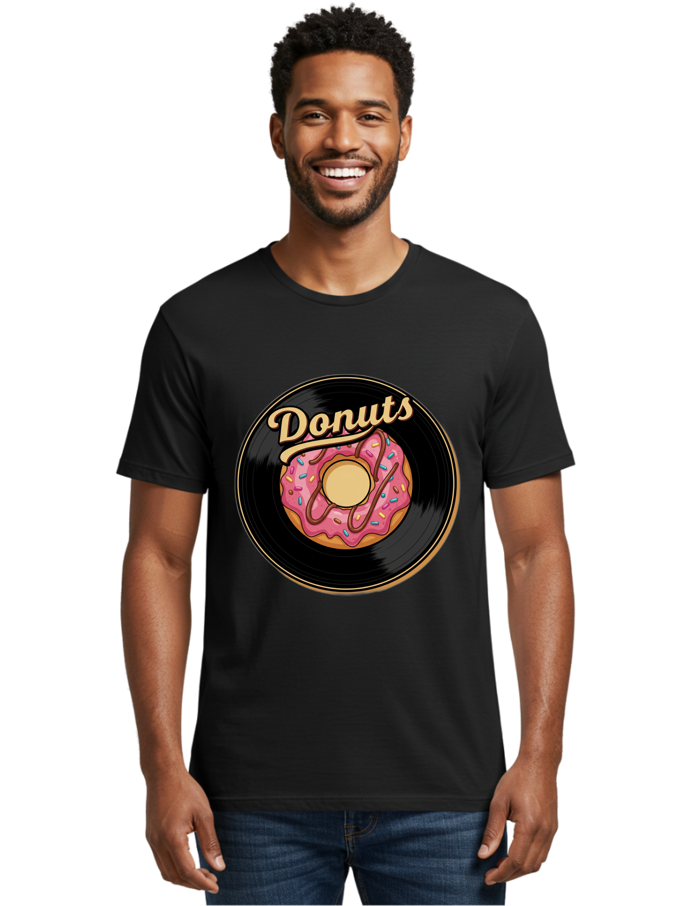 Donuts-3 Men'S Graphic Tee, 100% Cotton, Comfortable Casual Summer Wear, Machine Washable, Donut On Vinyl Record, Pink Donut With Sprinkles, Chocolate Drizzle, Sweet Treat, Retro Design, Donut Love, Vinyl Record Art, Donut Illustration Baa521