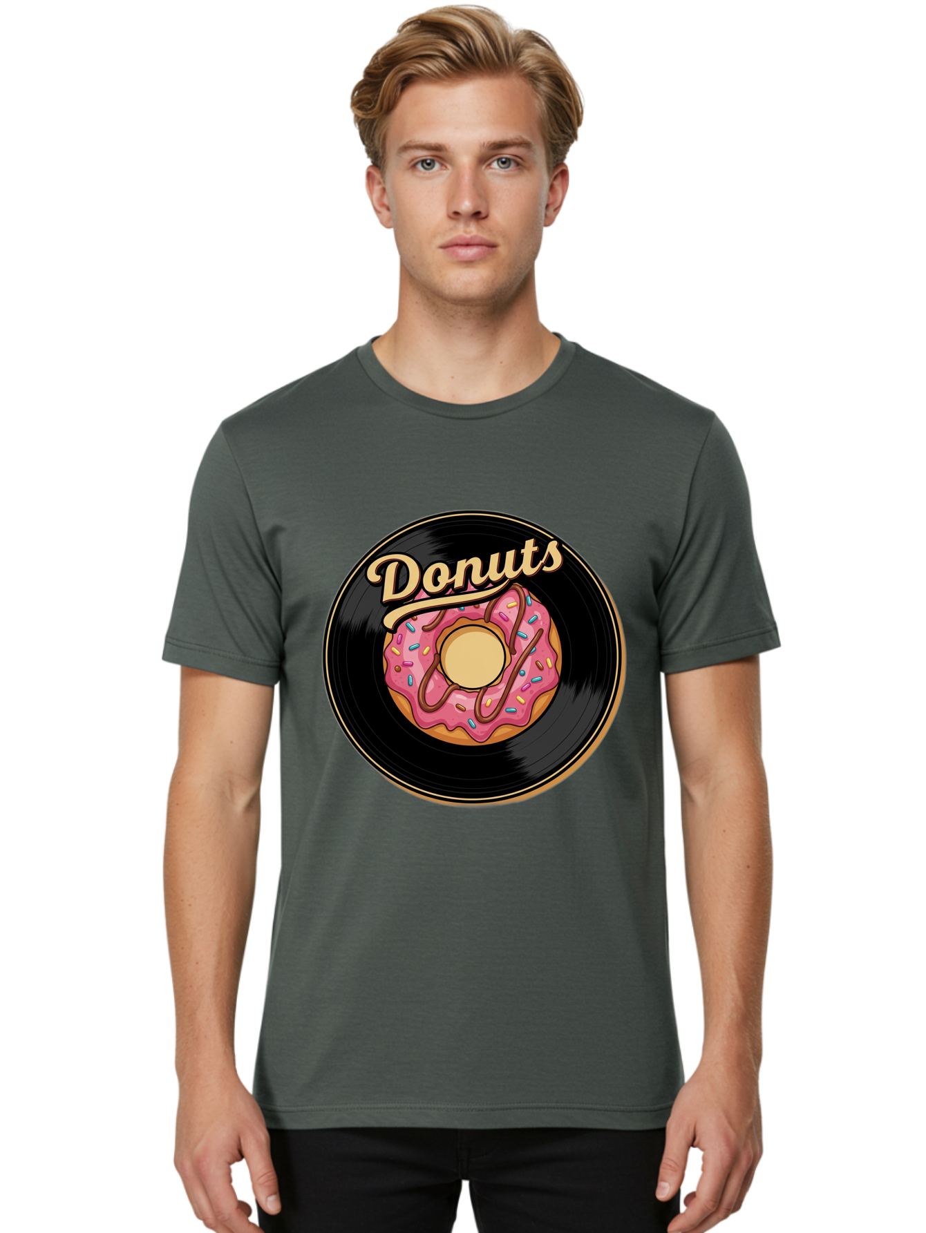 Donuts-3 Men'S Graphic Tee, 100% Cotton, Comfortable Casual Summer Wear, Machine Washable, Donut On Vinyl Record, Pink Donut With Sprinkles, Chocolate Drizzle, Sweet Treat, Retro Design, Donut Love, Vinyl Record Art, Donut Illustration Baa521
