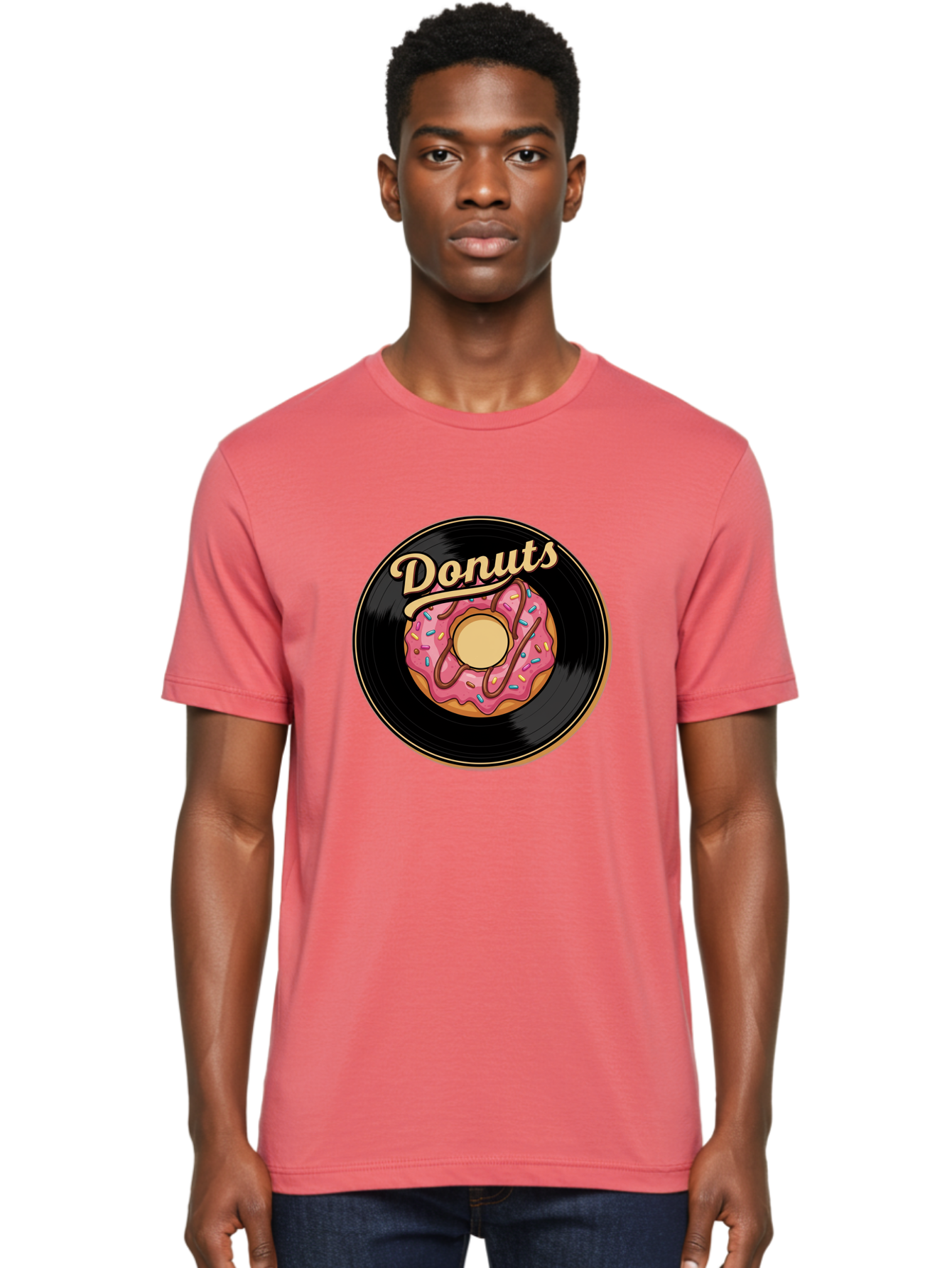 Donuts-3 Men'S Graphic Tee, 100% Cotton, Comfortable Casual Summer Wear, Machine Washable, Donut On Vinyl Record, Pink Donut With Sprinkles, Chocolate Drizzle, Sweet Treat, Retro Design, Donut Love, Vinyl Record Art, Donut Illustration Baa521