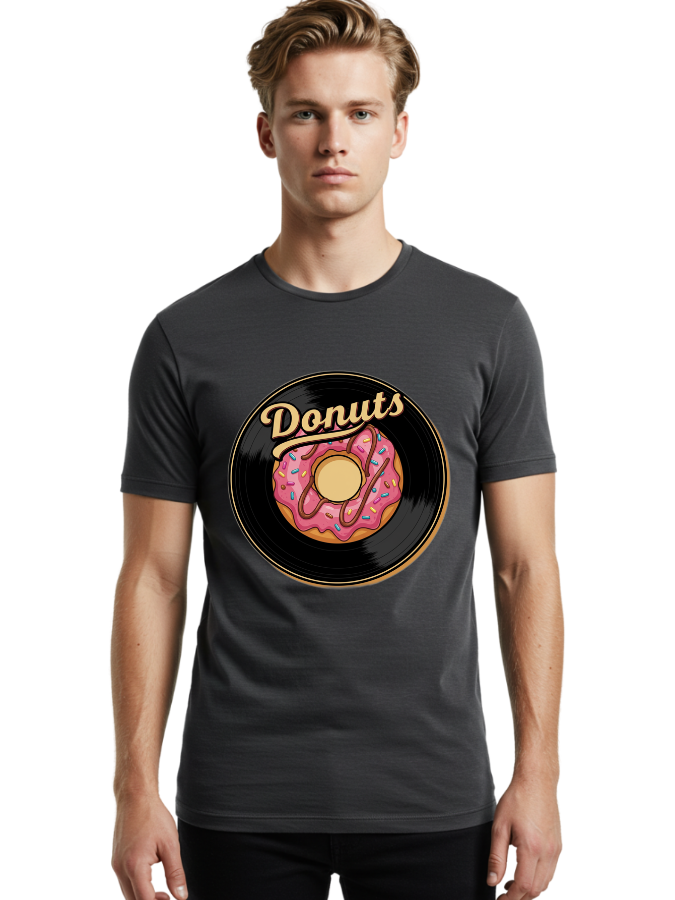 Donuts-3 Men'S Graphic Tee, 100% Cotton, Comfortable Casual Summer Wear, Machine Washable, Donut On Vinyl Record, Pink Donut With Sprinkles, Chocolate Drizzle, Sweet Treat, Retro Design, Donut Love, Vinyl Record Art, Donut Illustration Baa521