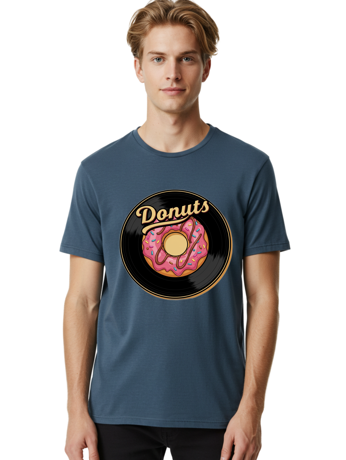 Donuts-3 Men'S Graphic Tee, 100% Cotton, Comfortable Casual Summer Wear, Machine Washable, Donut On Vinyl Record, Pink Donut With Sprinkles, Chocolate Drizzle, Sweet Treat, Retro Design, Donut Love, Vinyl Record Art, Donut Illustration Baa521