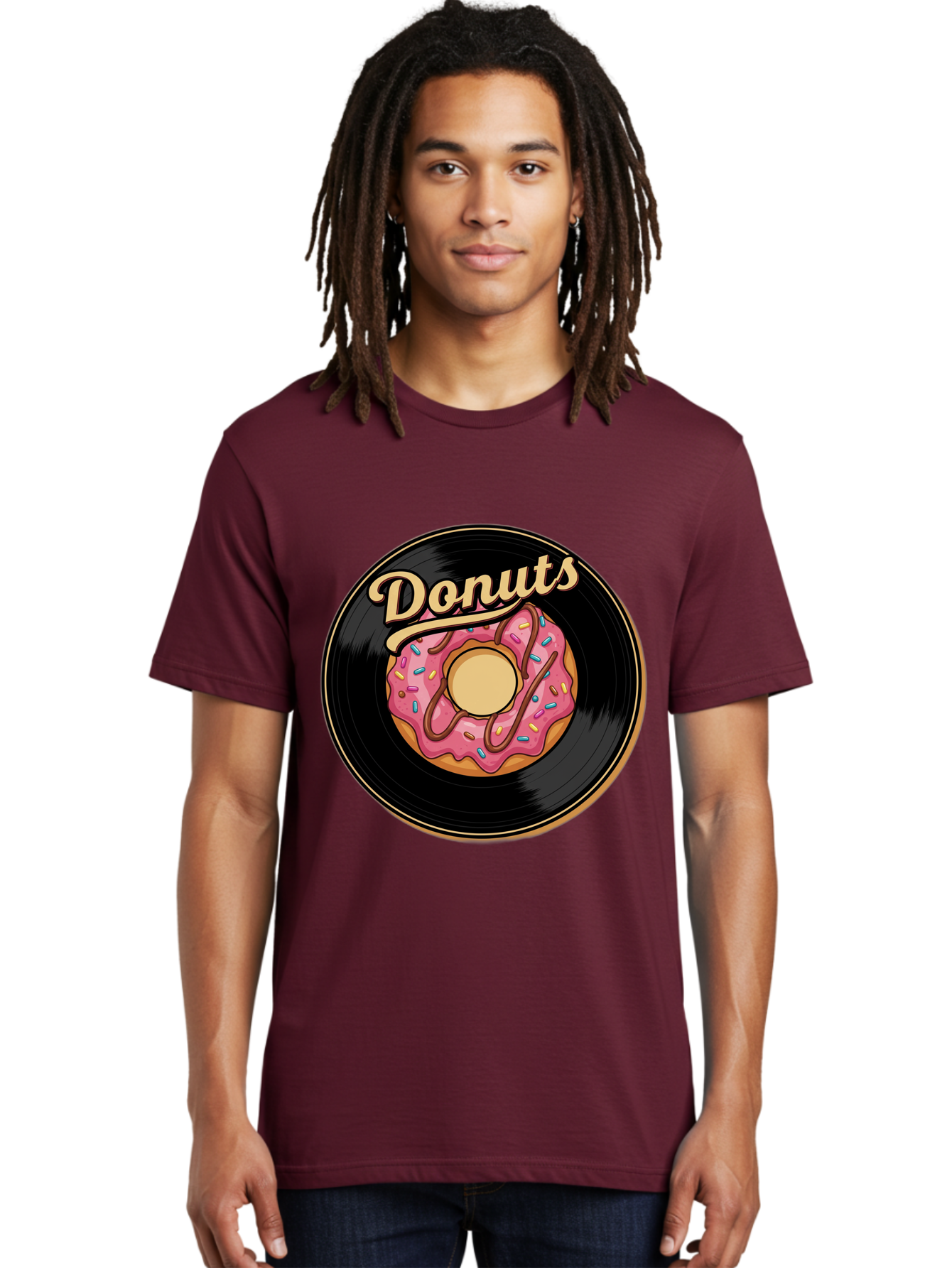 Donuts-3 Men'S Graphic Tee, 100% Cotton, Comfortable Casual Summer Wear, Machine Washable, Donut On Vinyl Record, Pink Donut With Sprinkles, Chocolate Drizzle, Sweet Treat, Retro Design, Donut Love, Vinyl Record Art, Donut Illustration Baa521
