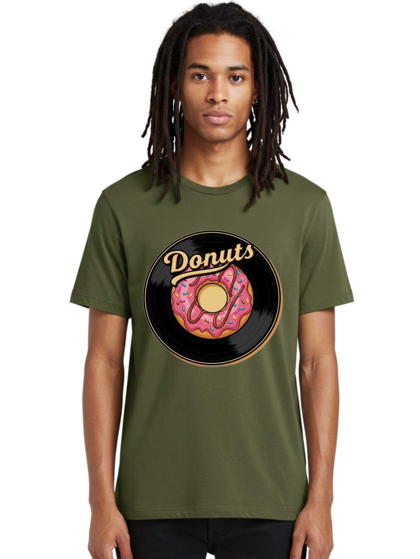 Donuts-3 Men'S Graphic Tee, 100% Cotton, Comfortable Casual Summer Wear, Machine Washable, Donut On Vinyl Record, Pink Donut With Sprinkles, Chocolate Drizzle, Sweet Treat, Retro Design, Donut Love, Vinyl Record Art, Donut Illustration Baa521