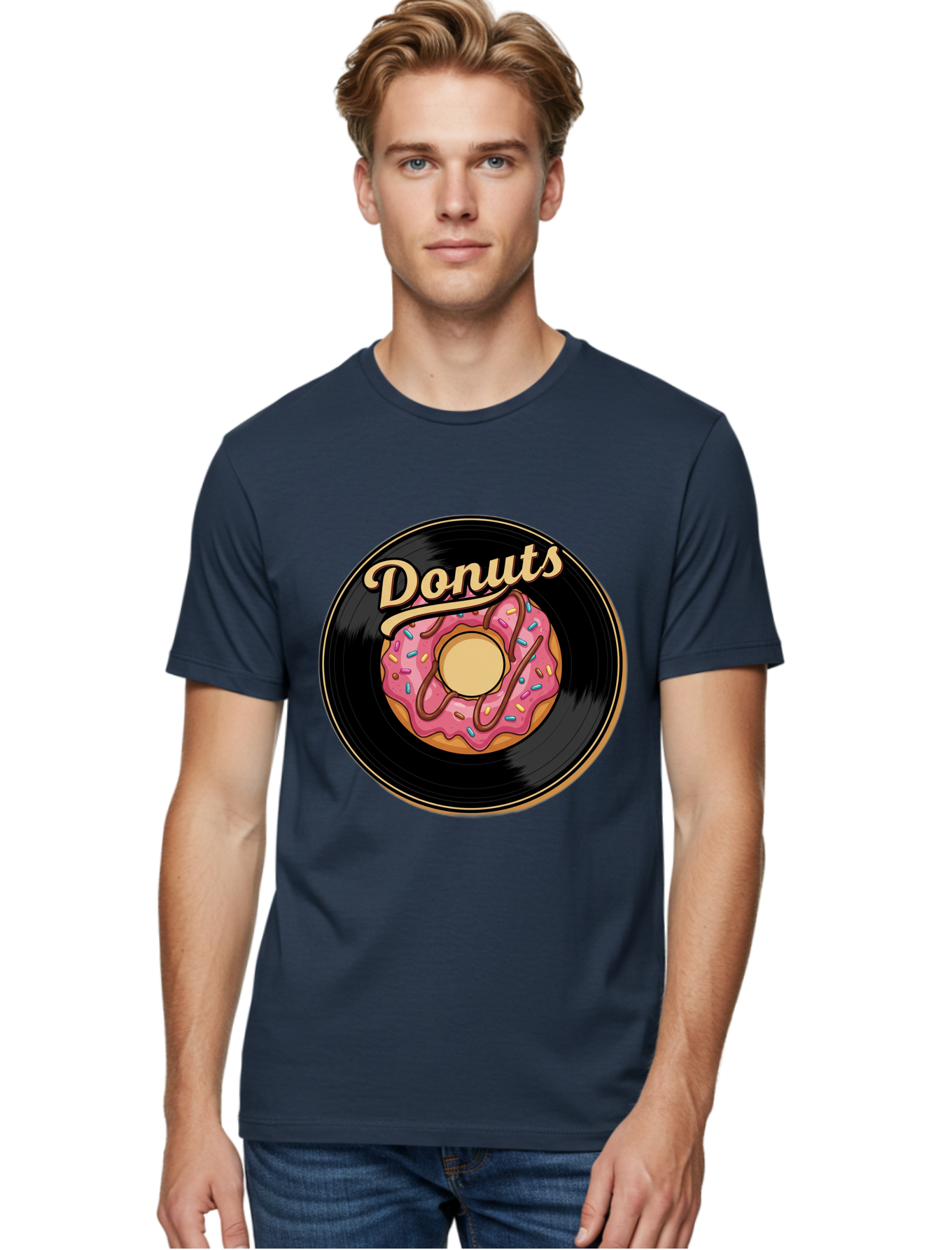 Donuts-3 Men'S Graphic Tee, 100% Cotton, Comfortable Casual Summer Wear, Machine Washable, Donut On Vinyl Record, Pink Donut With Sprinkles, Chocolate Drizzle, Sweet Treat, Retro Design, Donut Love, Vinyl Record Art, Donut Illustration Baa521