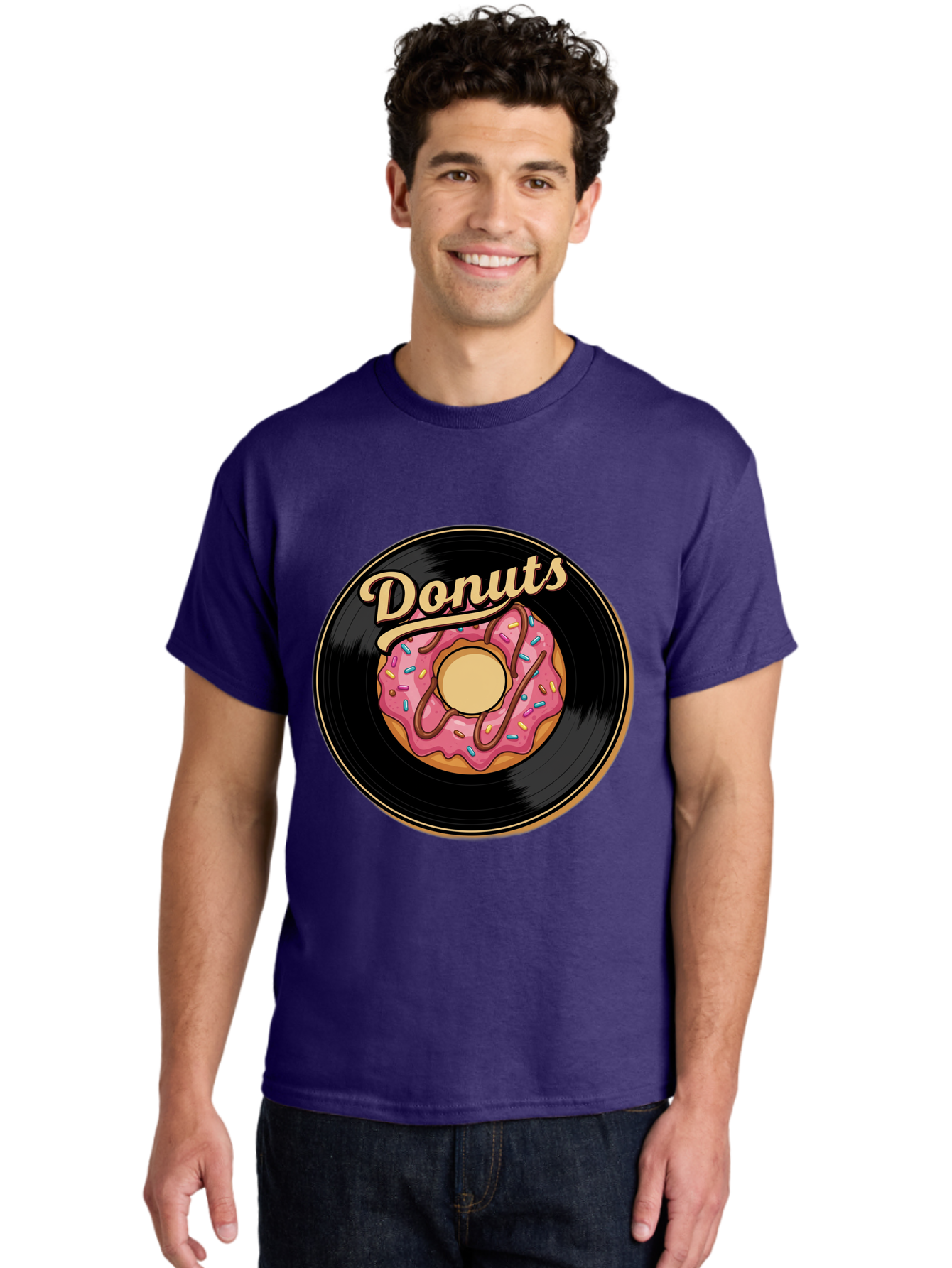 Donuts-3 Men'S Graphic Tee, 100% Cotton, Comfortable Casual Summer Wear, Machine Washable, Donut On Vinyl Record, Pink Donut With Sprinkles, Chocolate Drizzle, Sweet Treat, Retro Design, Donut Love, Vinyl Record Art, Donut Illustration Baa521