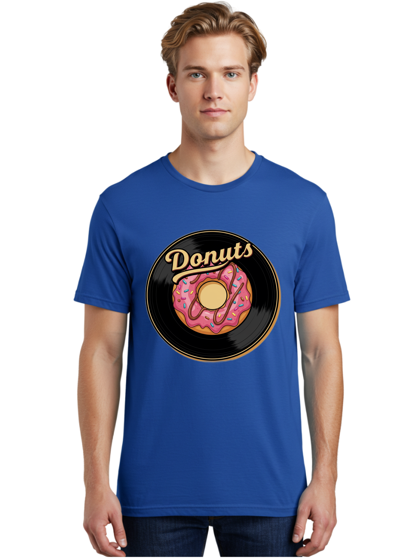 Donuts-3 Men'S Graphic Tee, 100% Cotton, Comfortable Casual Summer Wear, Machine Washable, Donut On Vinyl Record, Pink Donut With Sprinkles, Chocolate Drizzle, Sweet Treat, Retro Design, Donut Love, Vinyl Record Art, Donut Illustration Baa521