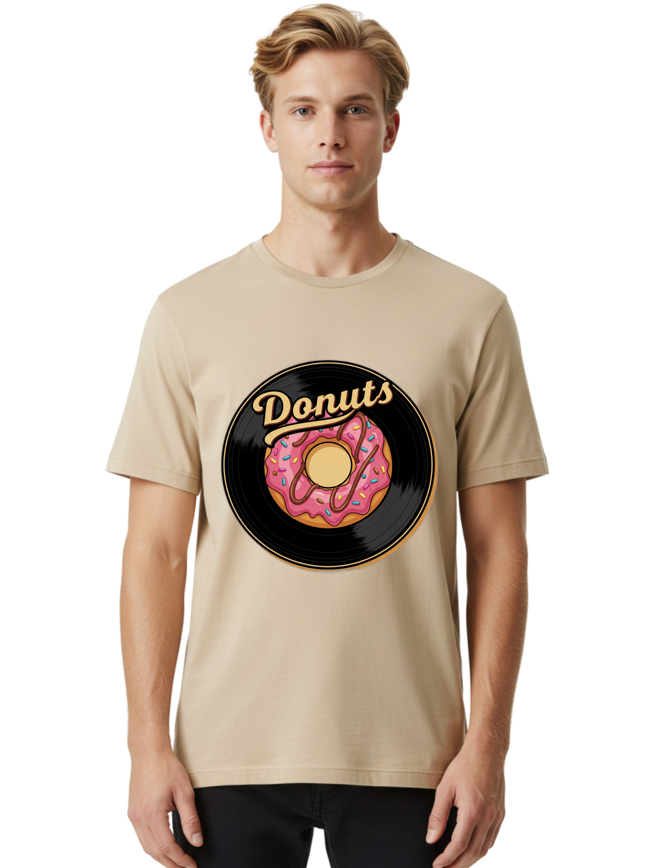 Donuts-3 Men'S Graphic Tee, 100% Cotton, Comfortable Casual Summer Wear, Machine Washable, Donut On Vinyl Record, Pink Donut With Sprinkles, Chocolate Drizzle, Sweet Treat, Retro Design, Donut Love, Vinyl Record Art, Donut Illustration Baa521