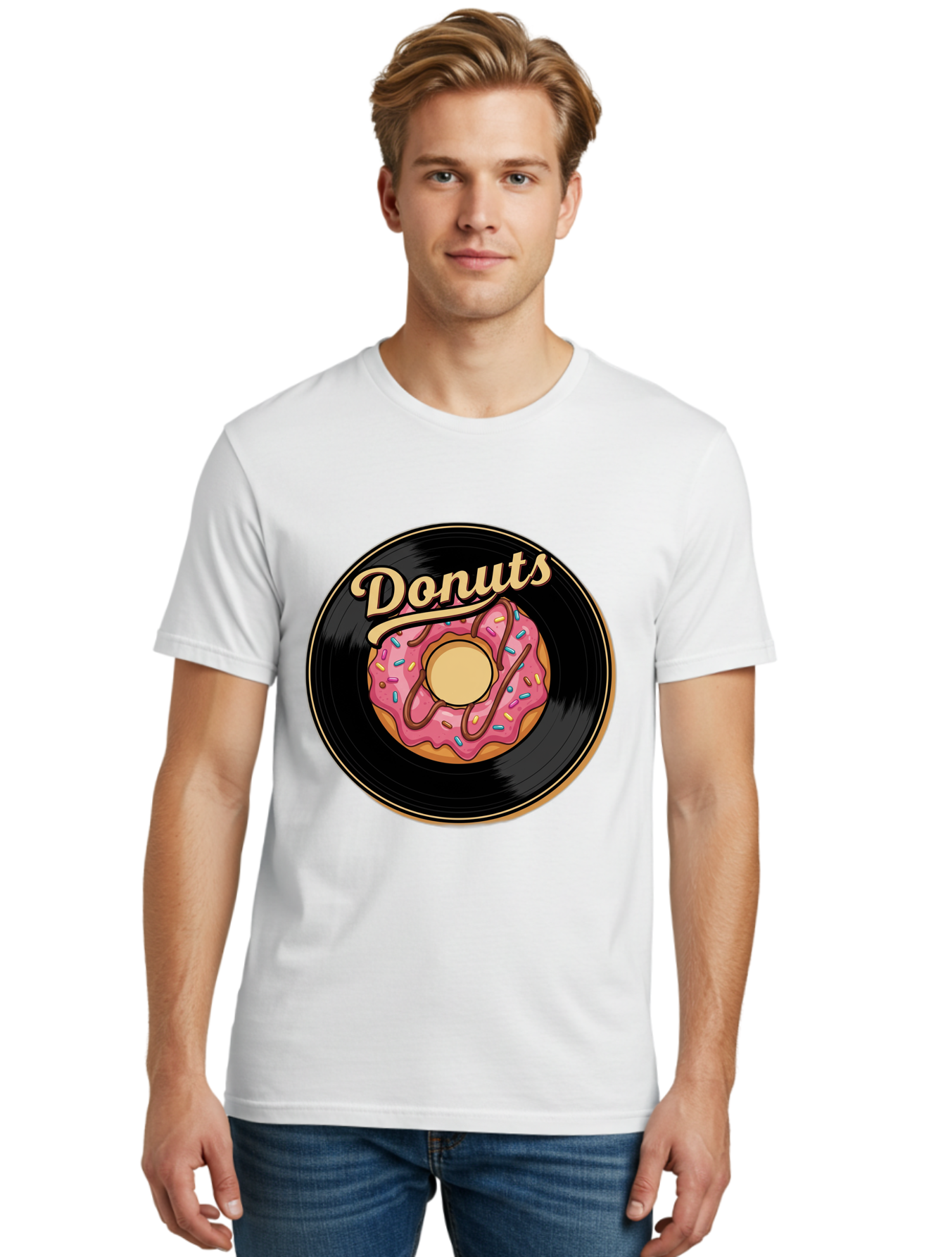 Donuts-3 Men'S Graphic Tee, 100% Cotton, Comfortable Casual Summer Wear, Machine Washable, Donut On Vinyl Record, Pink Donut With Sprinkles, Chocolate Drizzle, Sweet Treat, Retro Design, Donut Love, Vinyl Record Art, Donut Illustration Baa521