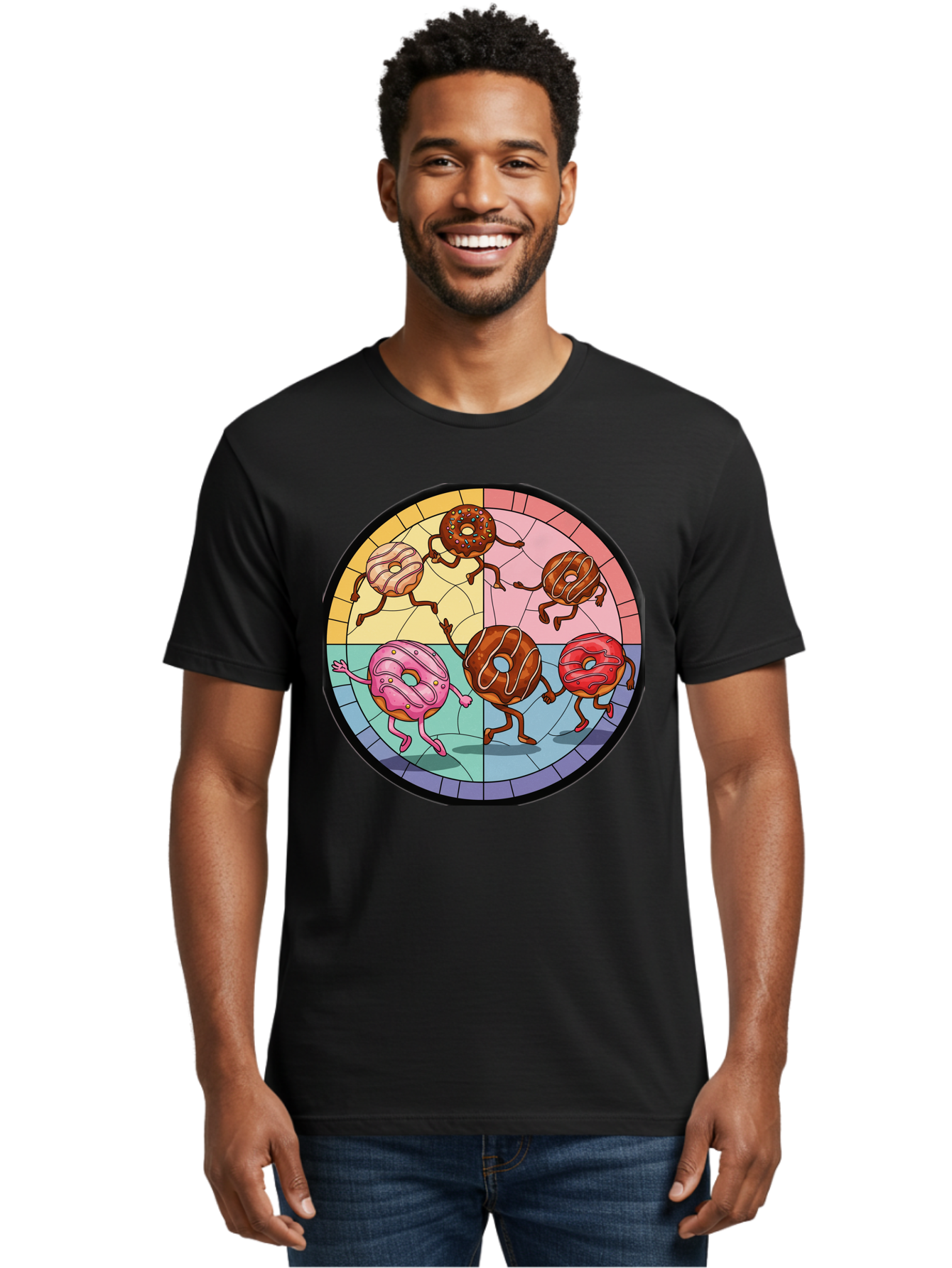 Donuts-Dancing-1 Men'S Graphic Tee, 100% Cotton, Comfortable Casual Summer Wear, Machine Washable, Donuts Dancing, Cartoon Donuts, Sweet Treats, Colorful Illustration, Playful Art, Pastry Characters, Whimsical Design, Tasty Delights, Baa522