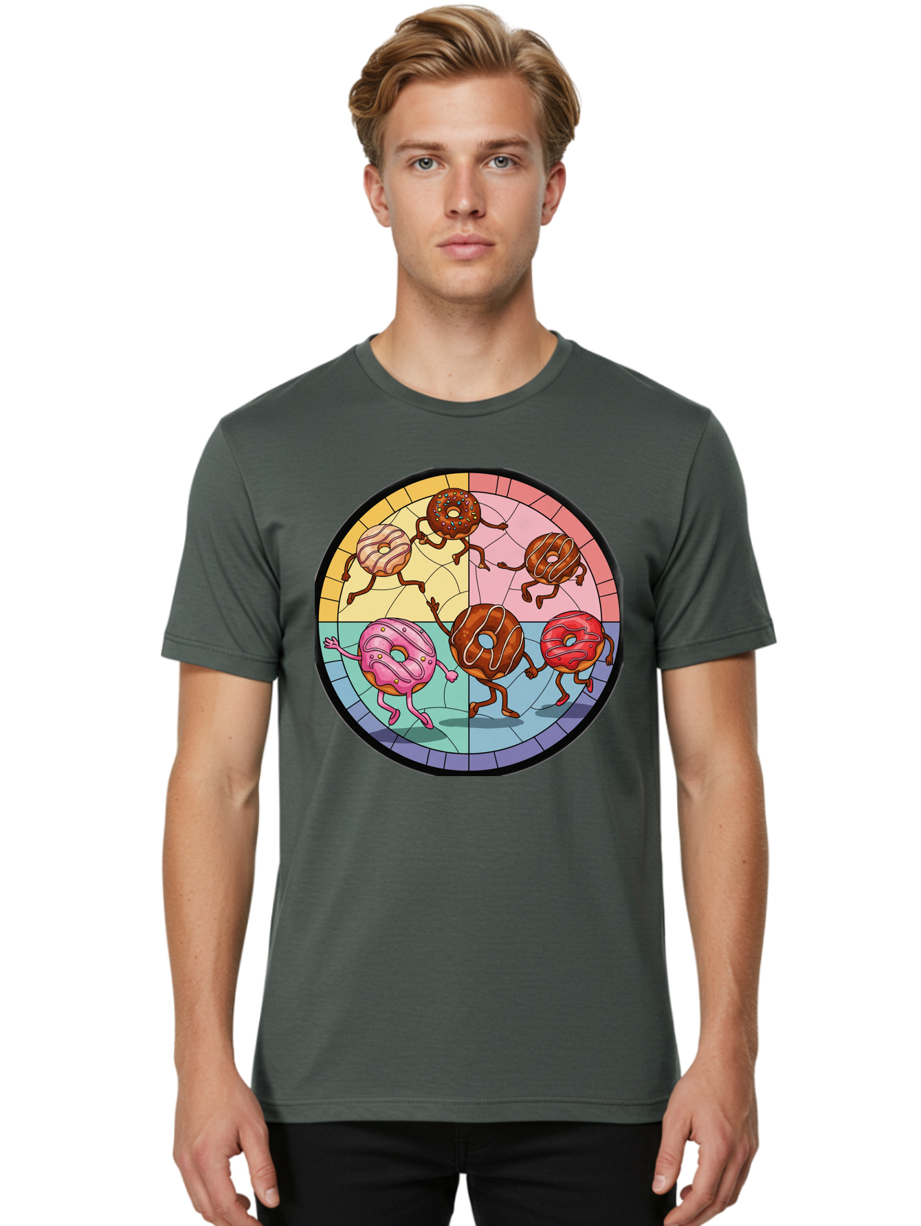 Donuts-Dancing-1 Men'S Graphic Tee, 100% Cotton, Comfortable Casual Summer Wear, Machine Washable, Donuts Dancing, Cartoon Donuts, Sweet Treats, Colorful Illustration, Playful Art, Pastry Characters, Whimsical Design, Tasty Delights, Baa522