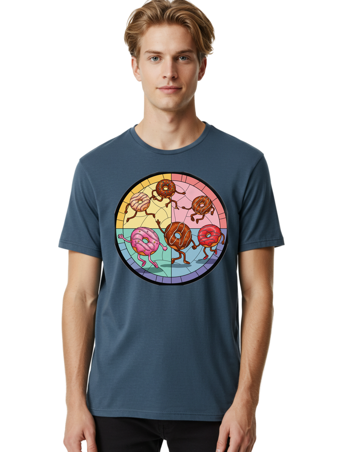 Donuts-Dancing-1 Men'S Graphic Tee, 100% Cotton, Comfortable Casual Summer Wear, Machine Washable, Donuts Dancing, Cartoon Donuts, Sweet Treats, Colorful Illustration, Playful Art, Pastry Characters, Whimsical Design, Tasty Delights, Baa522