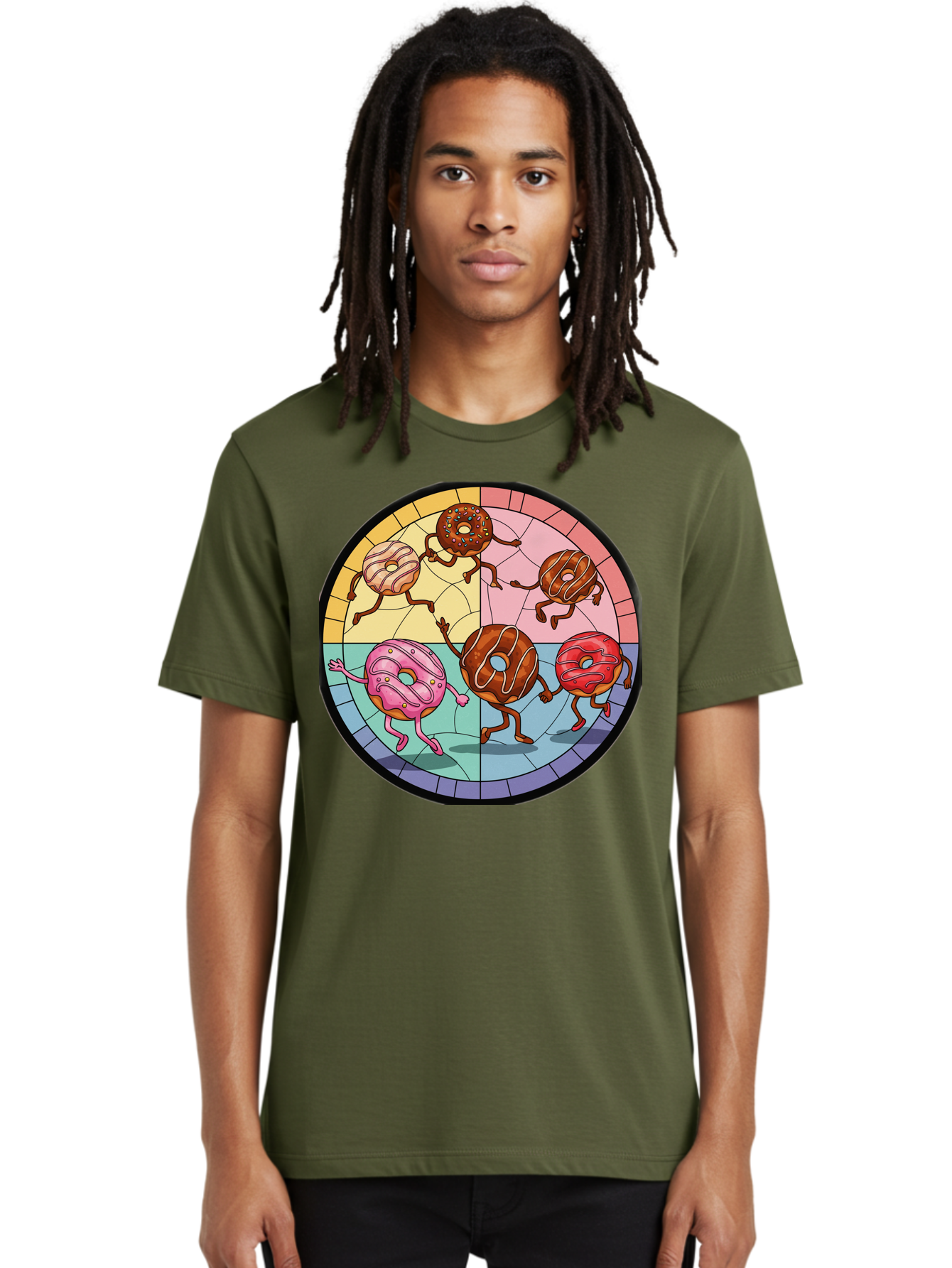 Donuts-Dancing-1 Men'S Graphic Tee, 100% Cotton, Comfortable Casual Summer Wear, Machine Washable, Donuts Dancing, Cartoon Donuts, Sweet Treats, Colorful Illustration, Playful Art, Pastry Characters, Whimsical Design, Tasty Delights, Baa522