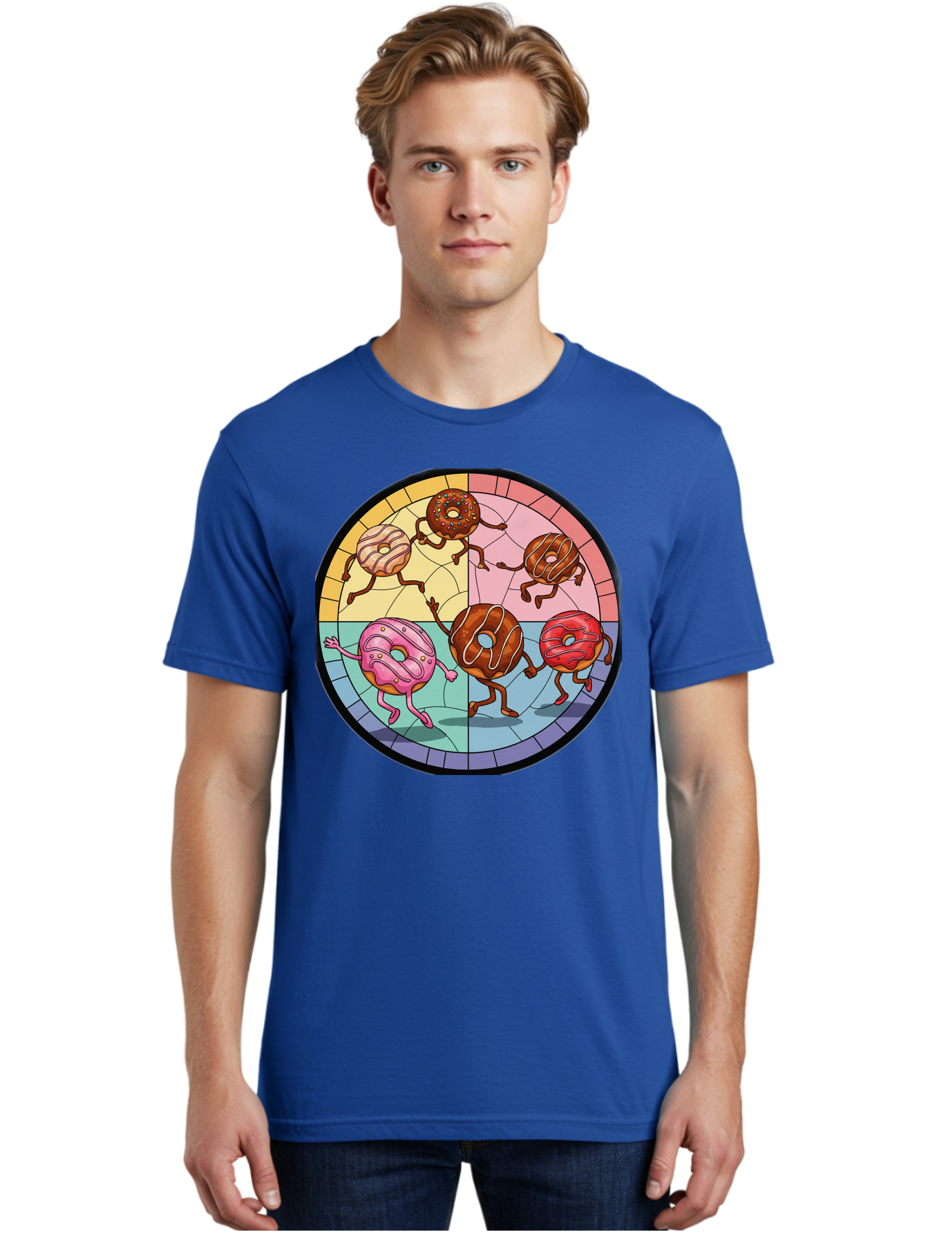 Donuts-Dancing-1 Men'S Graphic Tee, 100% Cotton, Comfortable Casual Summer Wear, Machine Washable, Donuts Dancing, Cartoon Donuts, Sweet Treats, Colorful Illustration, Playful Art, Pastry Characters, Whimsical Design, Tasty Delights, Baa522