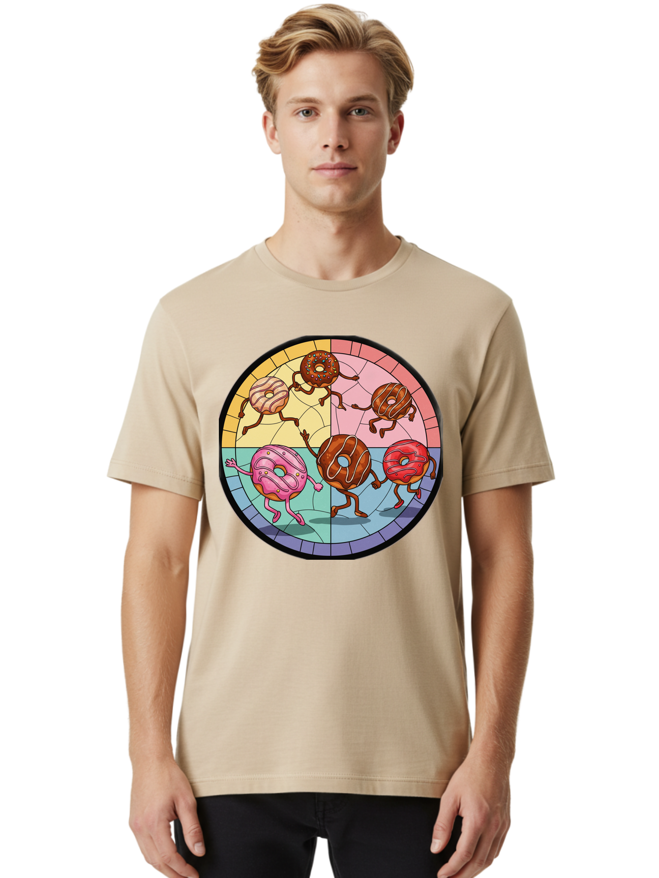Donuts-Dancing-1 Men'S Graphic Tee, 100% Cotton, Comfortable Casual Summer Wear, Machine Washable, Donuts Dancing, Cartoon Donuts, Sweet Treats, Colorful Illustration, Playful Art, Pastry Characters, Whimsical Design, Tasty Delights, Baa522