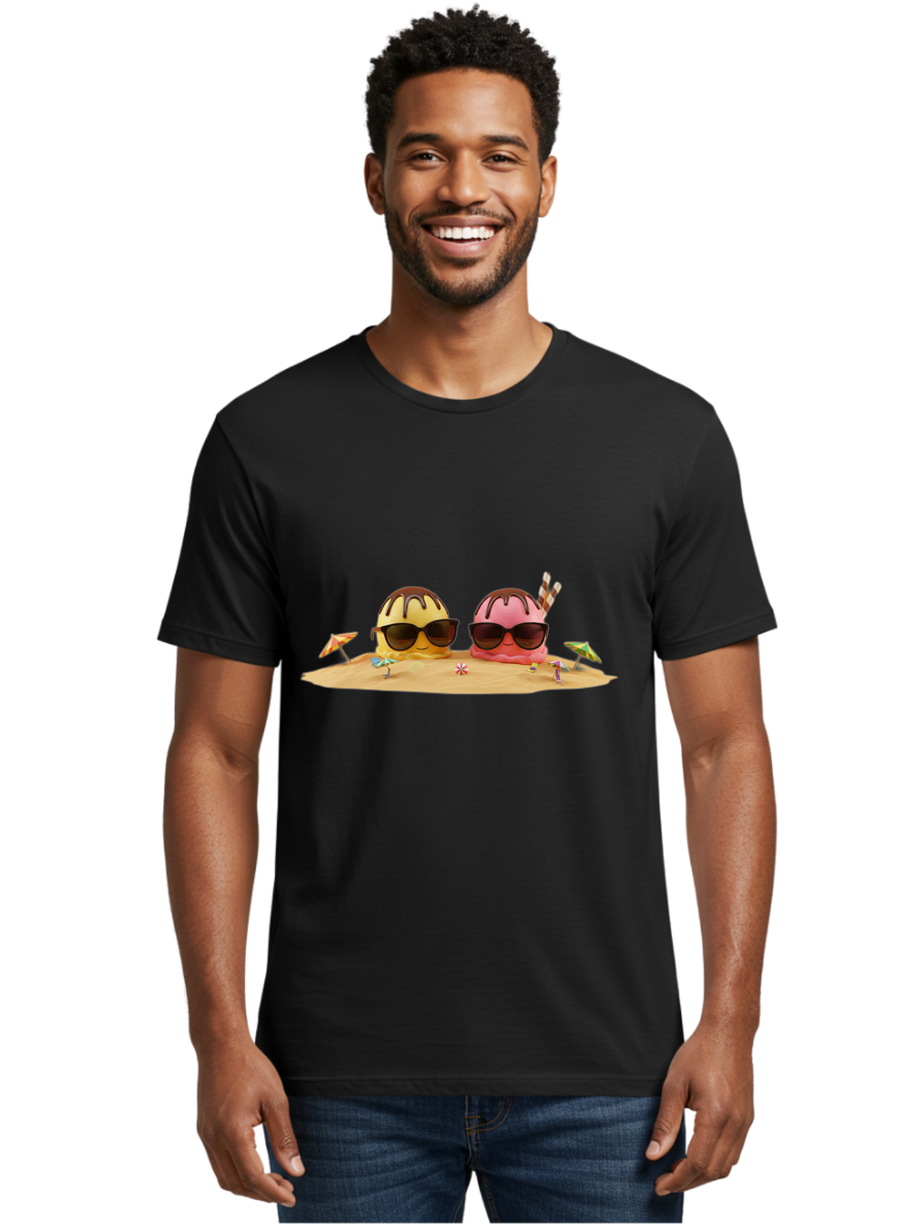 Donuts-On-Island Men'S Graphic Tee, 100% Cotton, Comfortable Casual Summer Wear, Machine Washable, Cupcakes On Island, Sunglasses, Beach Umbrellas, Summer Fun, Cartoon Style, Sweet Treats, Tropical Getaway, Vacation Vibes, Dessert Lovers, Baa527