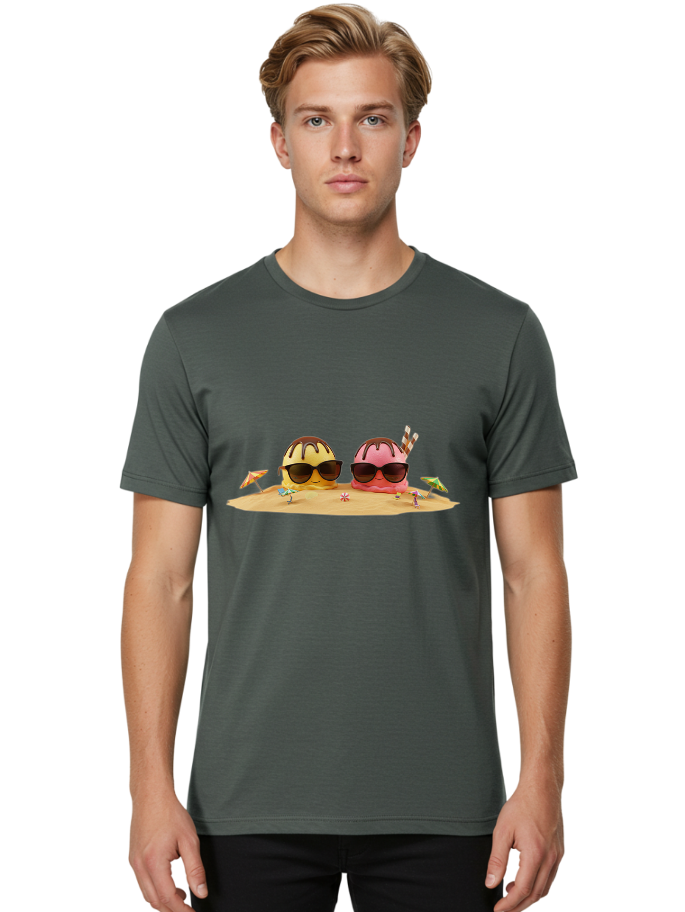 Donuts-On-Island Men'S Graphic Tee, 100% Cotton, Comfortable Casual Summer Wear, Machine Washable, Cupcakes On Island, Sunglasses, Beach Umbrellas, Summer Fun, Cartoon Style, Sweet Treats, Tropical Getaway, Vacation Vibes, Dessert Lovers, Baa527