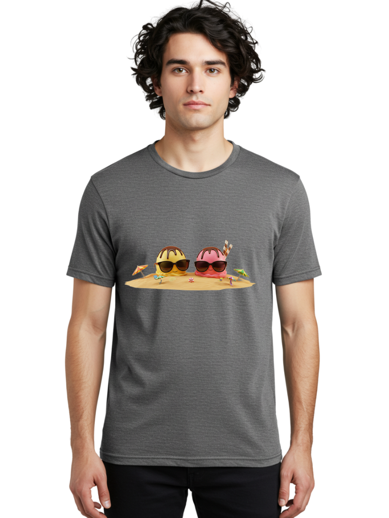 Donuts-On-Island Men'S Graphic Tee, 100% Cotton, Comfortable Casual Summer Wear, Machine Washable, Cupcakes On Island, Sunglasses, Beach Umbrellas, Summer Fun, Cartoon Style, Sweet Treats, Tropical Getaway, Vacation Vibes, Dessert Lovers, Baa527