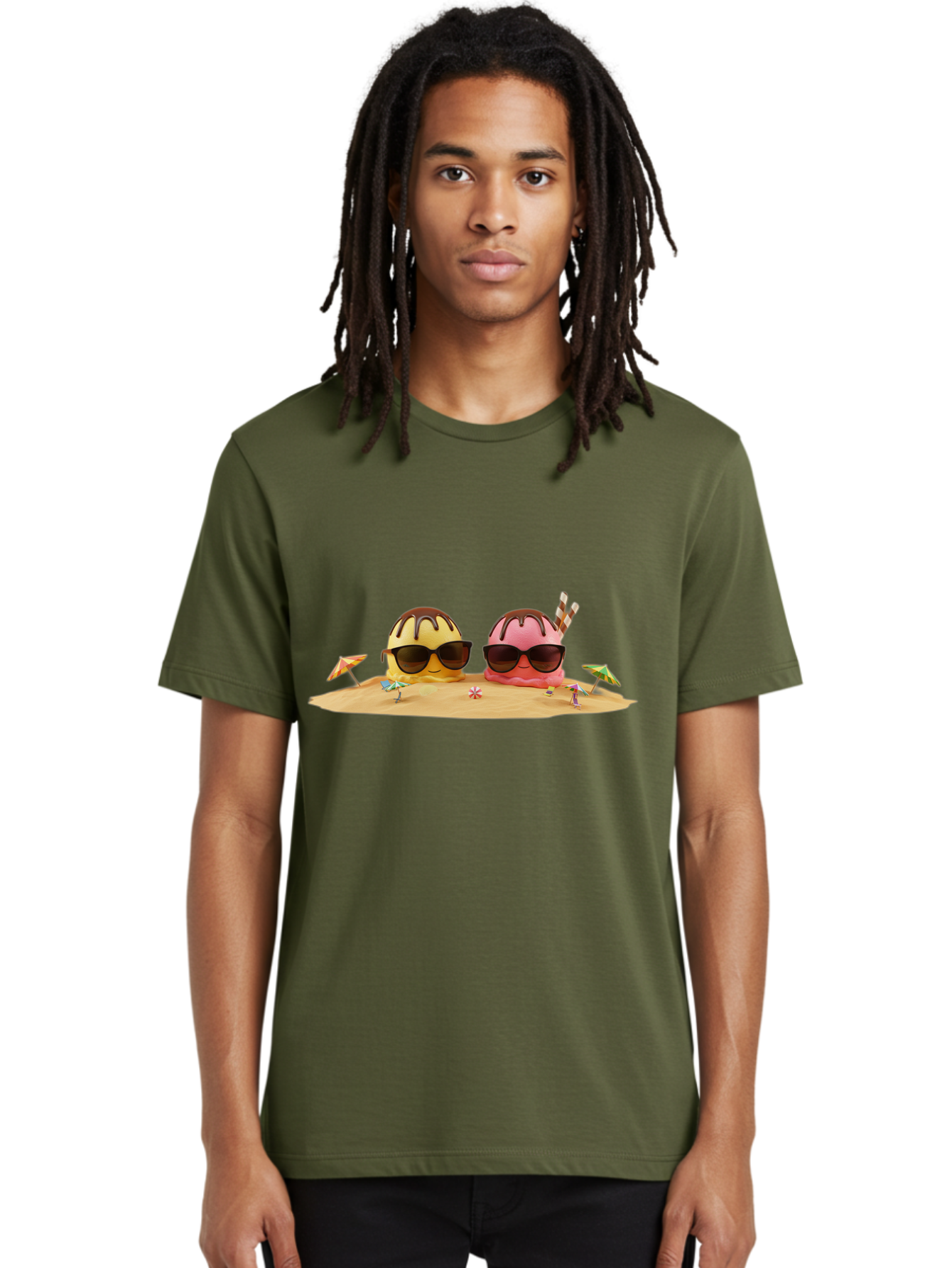 Donuts-On-Island Men'S Graphic Tee, 100% Cotton, Comfortable Casual Summer Wear, Machine Washable, Cupcakes On Island, Sunglasses, Beach Umbrellas, Summer Fun, Cartoon Style, Sweet Treats, Tropical Getaway, Vacation Vibes, Dessert Lovers, Baa527