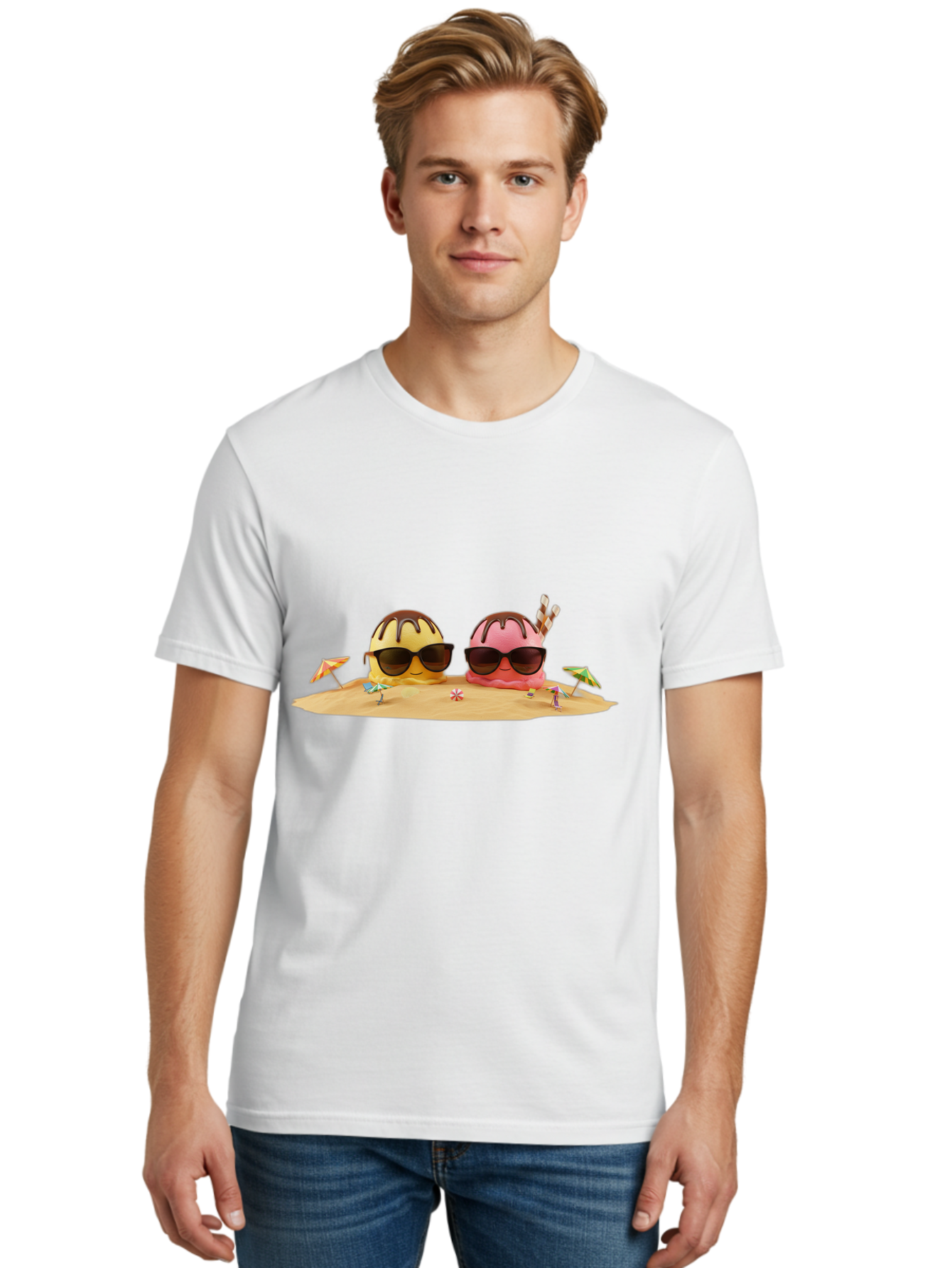 Donuts-On-Island Men'S Graphic Tee, 100% Cotton, Comfortable Casual Summer Wear, Machine Washable, Cupcakes On Island, Sunglasses, Beach Umbrellas, Summer Fun, Cartoon Style, Sweet Treats, Tropical Getaway, Vacation Vibes, Dessert Lovers, Baa527