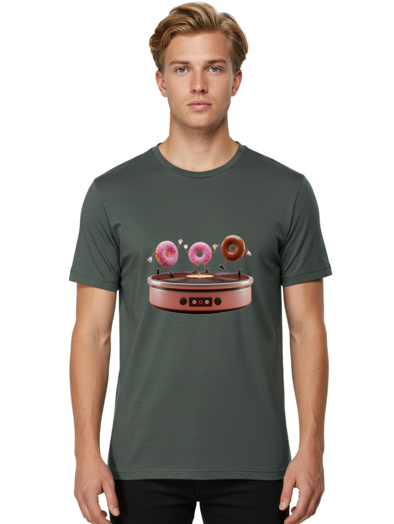 Donuts-On-Record-Player Men'S Graphic Tee, 100% Cotton, Comfortable Casual Summer Wear, Machine Washable, Donuts Dancing, Vinyl Record Player, Retro Music Setup, Sweet Treats, Funky Vibe, Playful Scene, Dessert Party, Cartoon Donuts, Baa528
