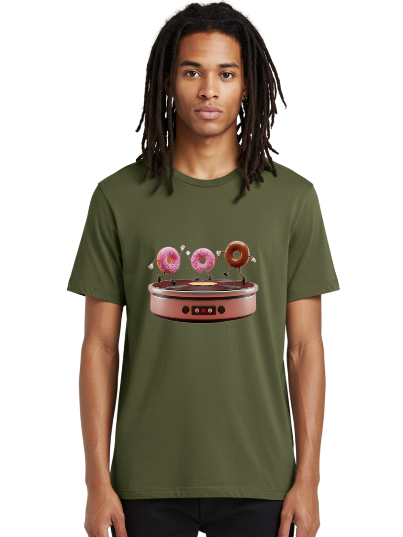 Donuts-On-Record-Player Men'S Graphic Tee, 100% Cotton, Comfortable Casual Summer Wear, Machine Washable, Donuts Dancing, Vinyl Record Player, Retro Music Setup, Sweet Treats, Funky Vibe, Playful Scene, Dessert Party, Cartoon Donuts, Baa528