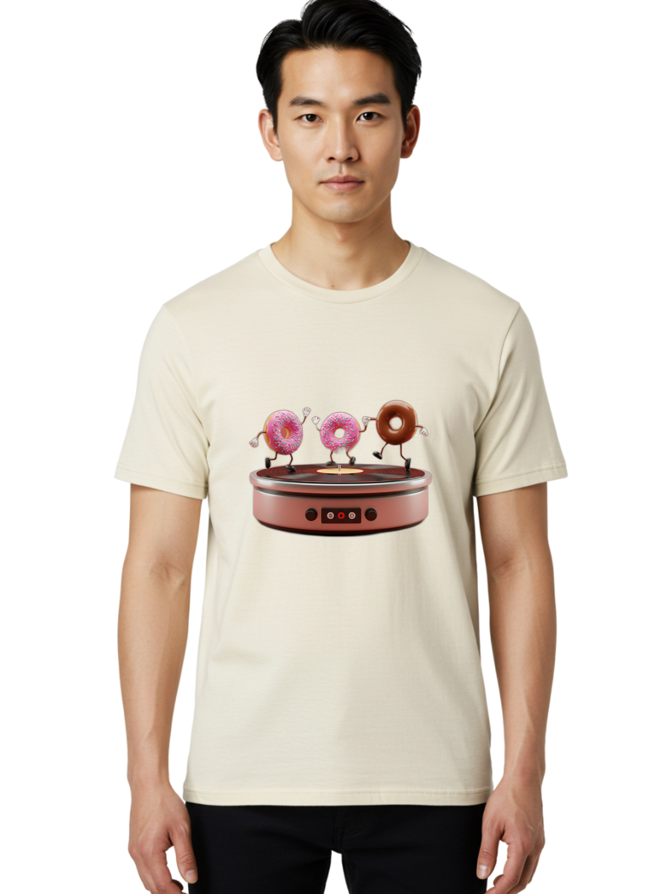 Donuts-On-Record-Player Men'S Graphic Tee, 100% Cotton, Comfortable Casual Summer Wear, Machine Washable, Donuts Dancing, Vinyl Record Player, Retro Music Setup, Sweet Treats, Funky Vibe, Playful Scene, Dessert Party, Cartoon Donuts, Baa528