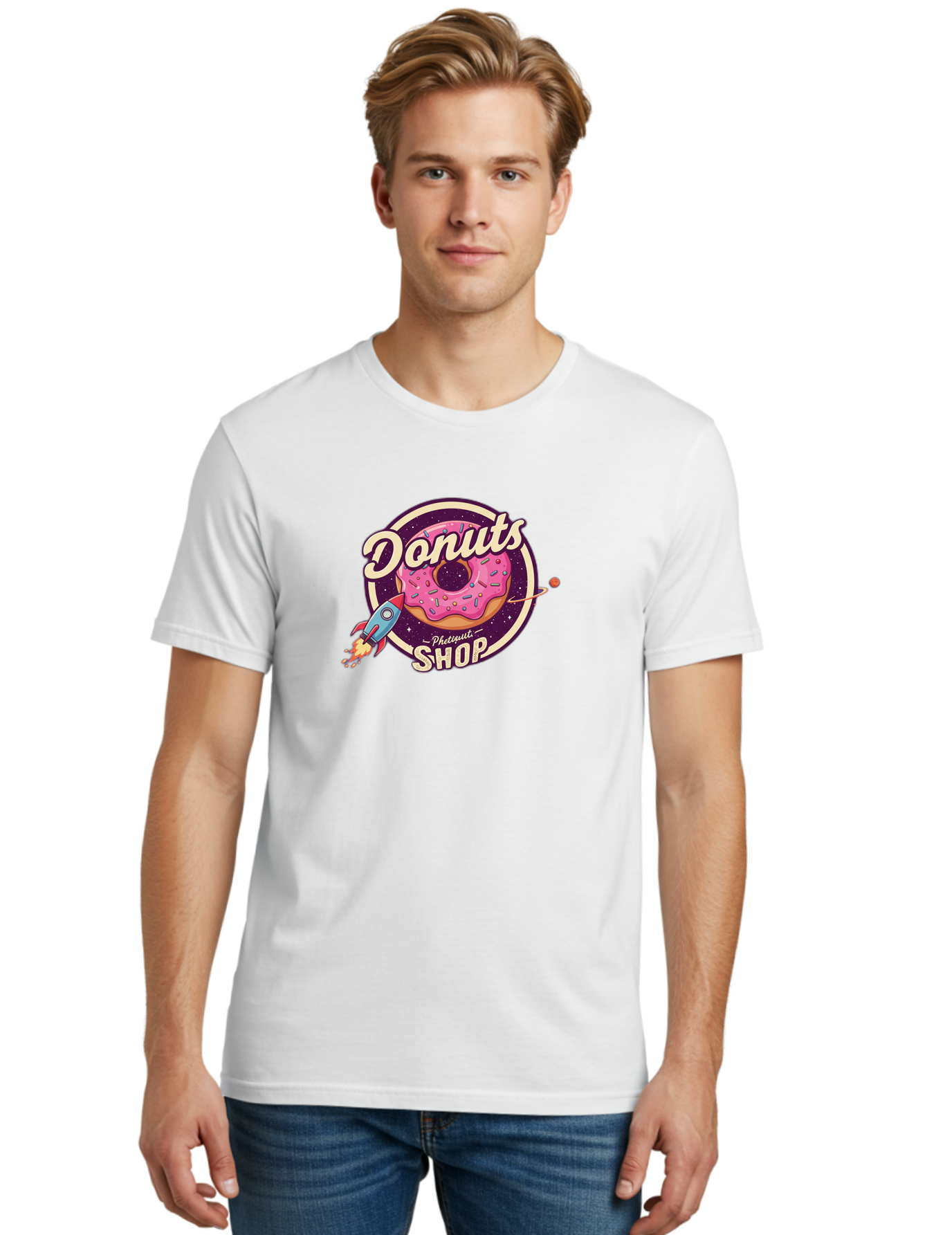 Donuts-Shop-1 Men'S Graphic Tee, 100% Cotton, Comfortable Casual Summer Wear, Machine Washable, Pink Donut With Sprinkles, Donut Shop Logo, Space-Themed Donut, Rocket Ship Launching, Donut In Space, Colorful Dessert, Sweet Treats, Baa529