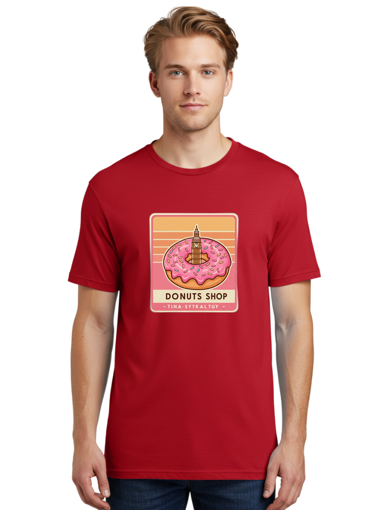 Donuts-Shop Men'S Graphic Tee, 100% Cotton, Comfortable Casual Summer Wear, Machine Washable, Pink Frosted Donut, Colorful Sprinkles, Big Ben On Donut, London Landmark, Sweet Treats, Donut Shop Sign, Tina-Sytraltgy Branding, Tasty Dessert, Baa530