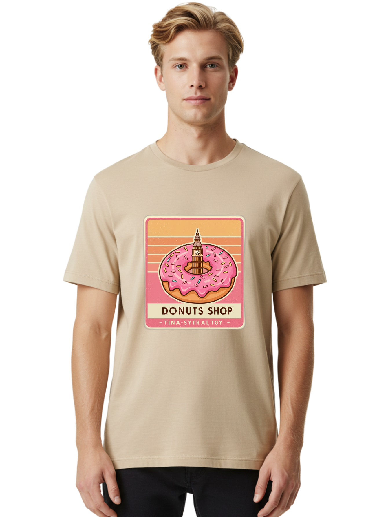 Donuts-Shop Men'S Graphic Tee, 100% Cotton, Comfortable Casual Summer Wear, Machine Washable, Pink Frosted Donut, Colorful Sprinkles, Big Ben On Donut, London Landmark, Sweet Treats, Donut Shop Sign, Tina-Sytraltgy Branding, Tasty Dessert, Baa530