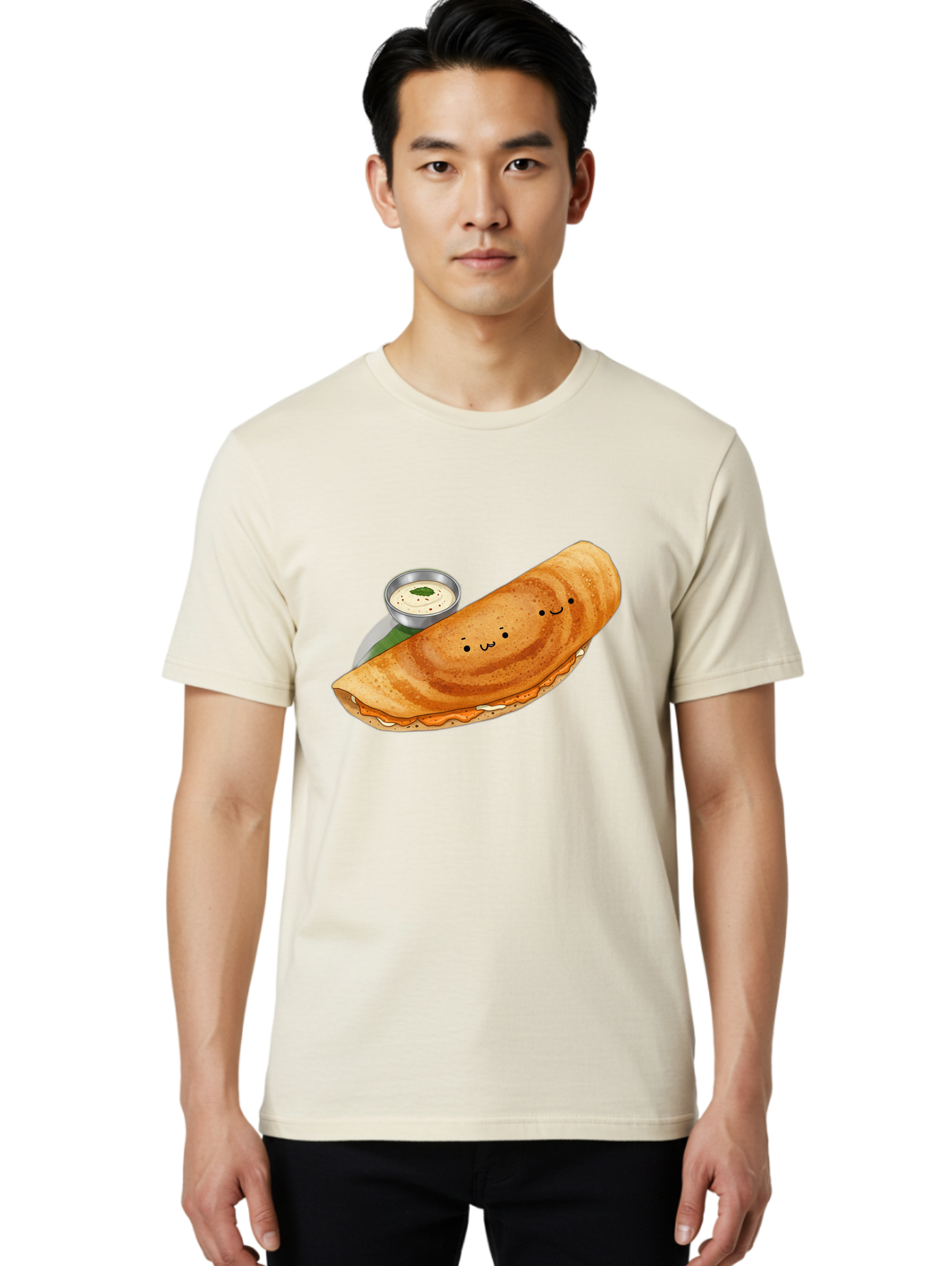Dosa-2 Men'S Graphic Tee, 100% Cotton, Comfortable Casual Summer Wear, Machine Washable, Indian Cuisine, South Indian Food, Masala Dosa, Dosa Recipe, Crepe Style Pancake, Potato Filling, Chutney, Spicy, Savory, Cartoon Illustration, Kawaii, Baa533