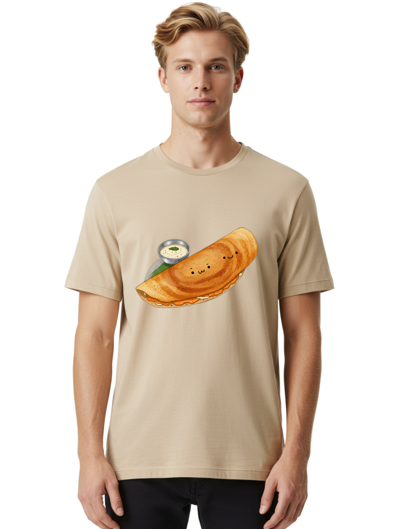 Dosa-2 Men'S Graphic Tee, 100% Cotton, Comfortable Casual Summer Wear, Machine Washable, Indian Cuisine, South Indian Food, Masala Dosa, Dosa Recipe, Crepe Style Pancake, Potato Filling, Chutney, Spicy, Savory, Cartoon Illustration, Kawaii, Baa533