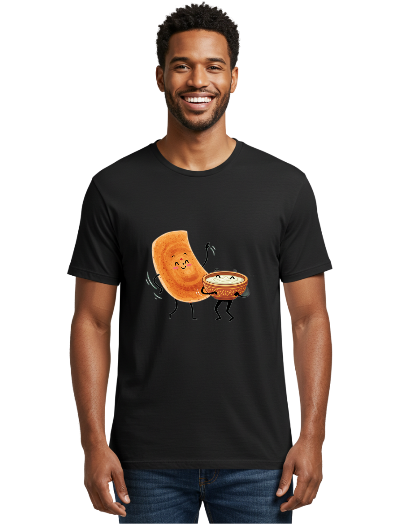 Dosa-And-Chutney Men'S Graphic Tee, 100% Cotton, Comfortable Casual Summer Wear, Machine Washable, Cartoon Papadum, Raita In Bowl, Smiling Faces, Happy Food, Indian Cuisine, Traditional Dish, Cartoon Characters, Funny Illustration, Baa534
