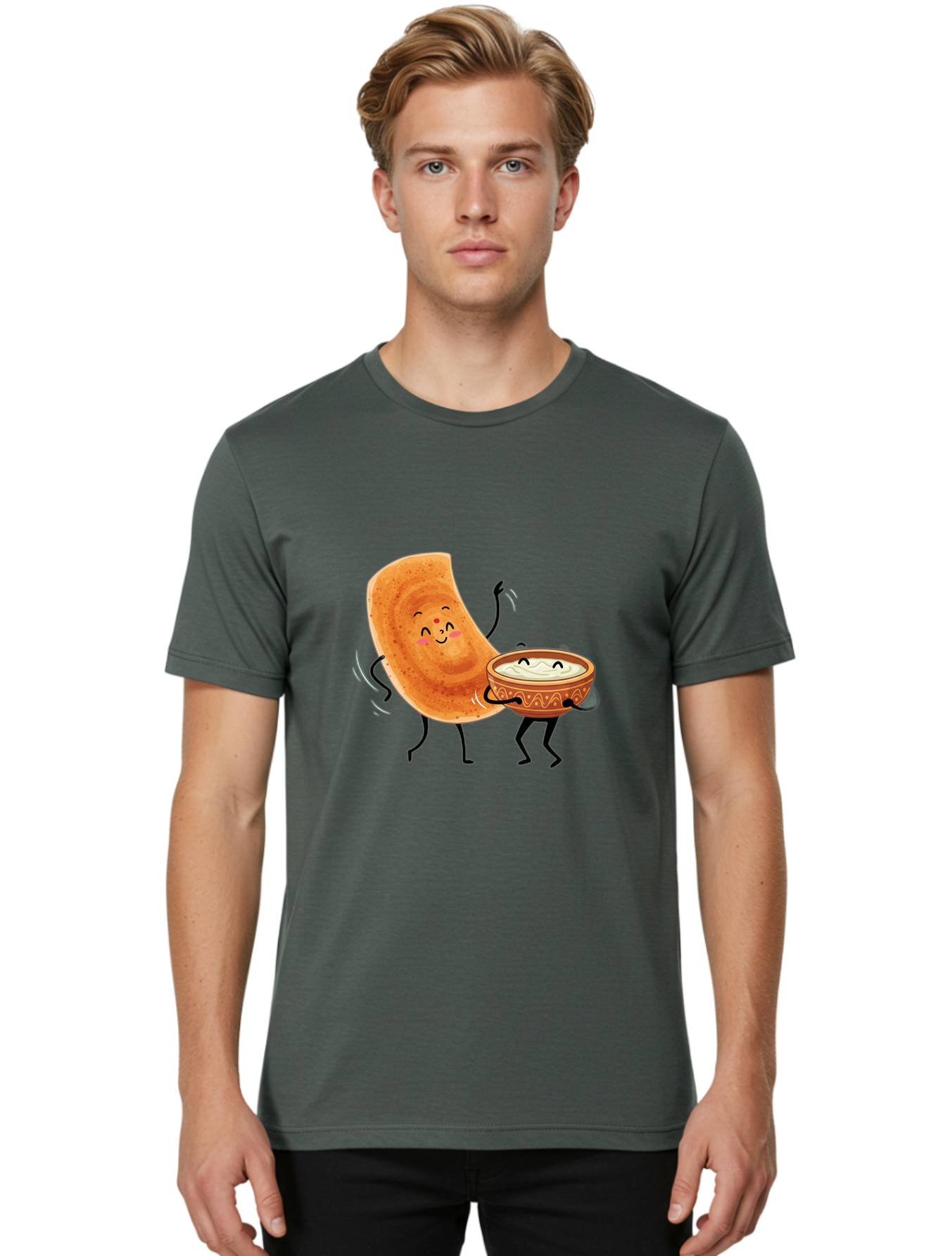 Dosa-And-Chutney Men'S Graphic Tee, 100% Cotton, Comfortable Casual Summer Wear, Machine Washable, Cartoon Papadum, Raita In Bowl, Smiling Faces, Happy Food, Indian Cuisine, Traditional Dish, Cartoon Characters, Funny Illustration, Baa534