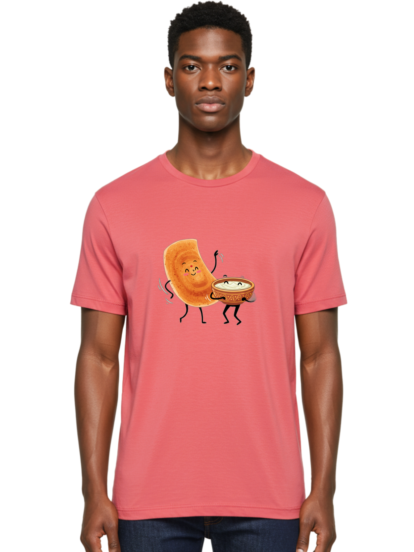 Dosa-And-Chutney Men'S Graphic Tee, 100% Cotton, Comfortable Casual Summer Wear, Machine Washable, Cartoon Papadum, Raita In Bowl, Smiling Faces, Happy Food, Indian Cuisine, Traditional Dish, Cartoon Characters, Funny Illustration, Baa534