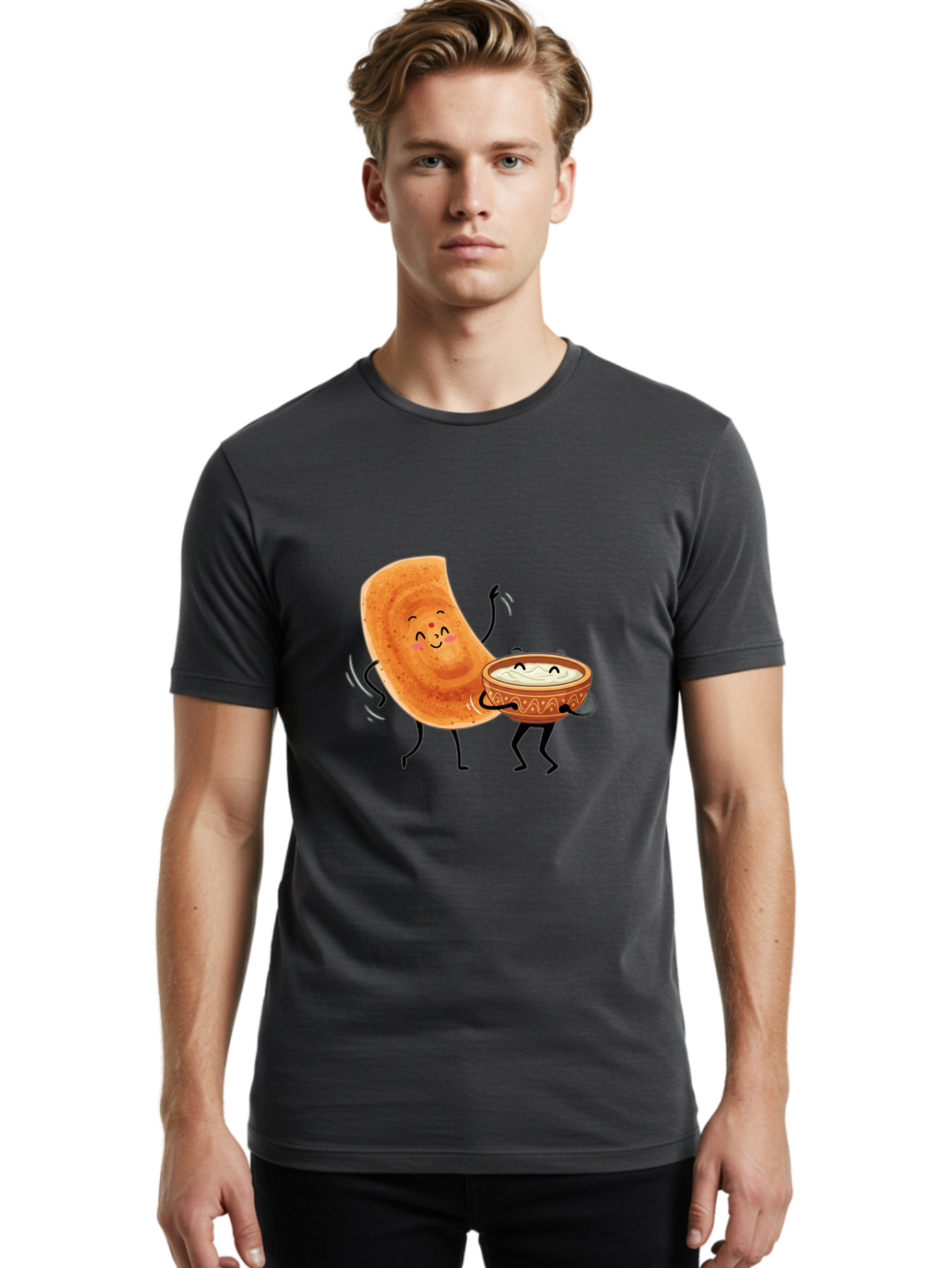 Dosa-And-Chutney Men'S Graphic Tee, 100% Cotton, Comfortable Casual Summer Wear, Machine Washable, Cartoon Papadum, Raita In Bowl, Smiling Faces, Happy Food, Indian Cuisine, Traditional Dish, Cartoon Characters, Funny Illustration, Baa534