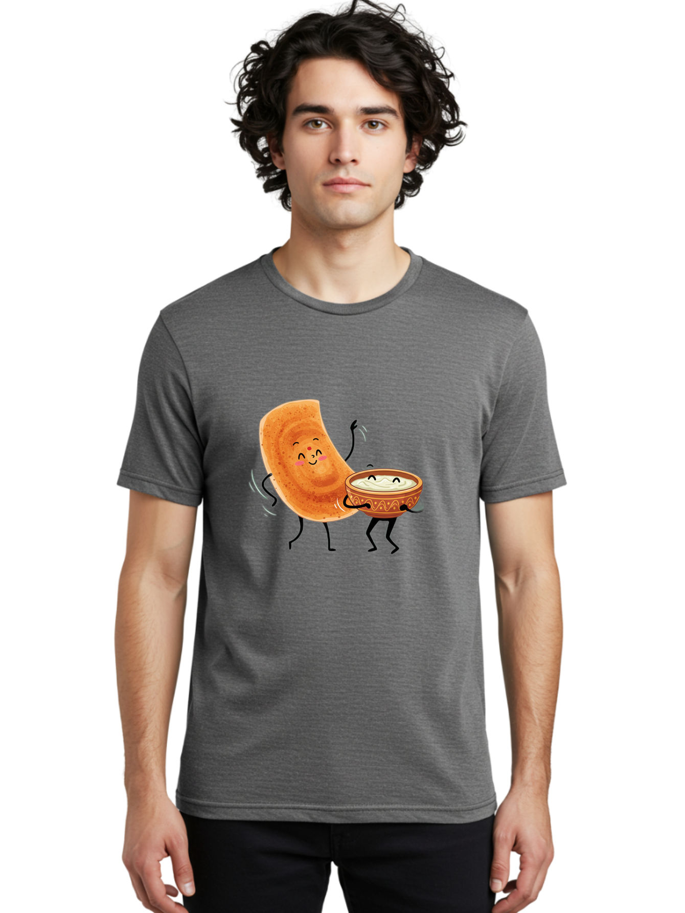 Dosa-And-Chutney Men'S Graphic Tee, 100% Cotton, Comfortable Casual Summer Wear, Machine Washable, Cartoon Papadum, Raita In Bowl, Smiling Faces, Happy Food, Indian Cuisine, Traditional Dish, Cartoon Characters, Funny Illustration, Baa534