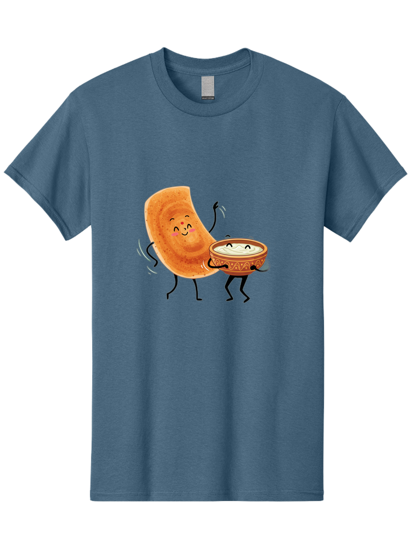 Dosa-And-Chutney Men'S Graphic Tee, 100% Cotton, Comfortable Casual Summer Wear, Machine Washable, Cartoon Papadum, Raita In Bowl, Smiling Faces, Happy Food, Indian Cuisine, Traditional Dish, Cartoon Characters, Funny Illustration, Baa534
