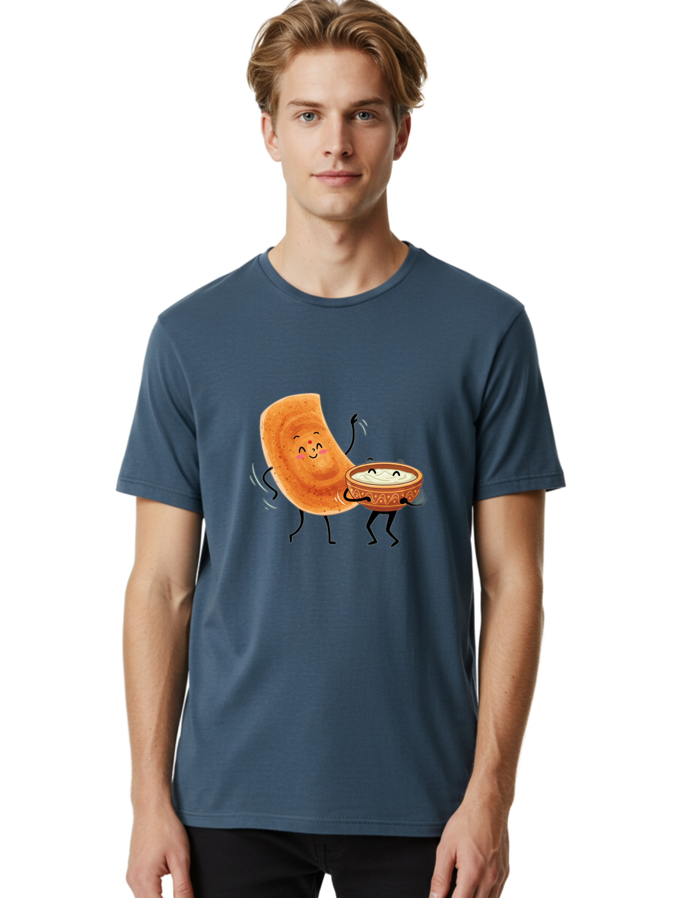 Dosa-And-Chutney Men'S Graphic Tee, 100% Cotton, Comfortable Casual Summer Wear, Machine Washable, Cartoon Papadum, Raita In Bowl, Smiling Faces, Happy Food, Indian Cuisine, Traditional Dish, Cartoon Characters, Funny Illustration, Baa534