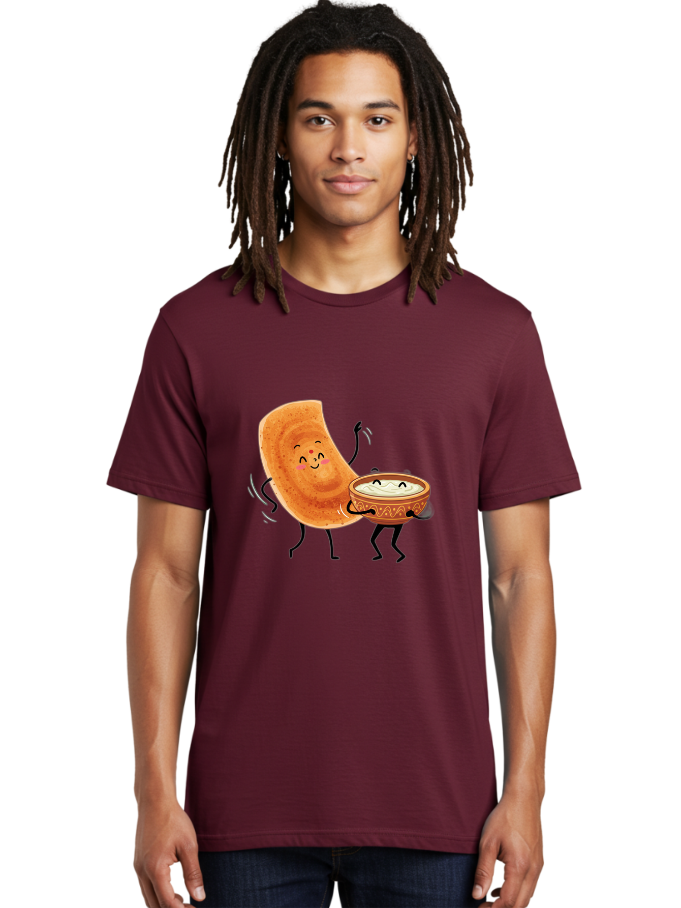 Dosa-And-Chutney Men'S Graphic Tee, 100% Cotton, Comfortable Casual Summer Wear, Machine Washable, Cartoon Papadum, Raita In Bowl, Smiling Faces, Happy Food, Indian Cuisine, Traditional Dish, Cartoon Characters, Funny Illustration, Baa534