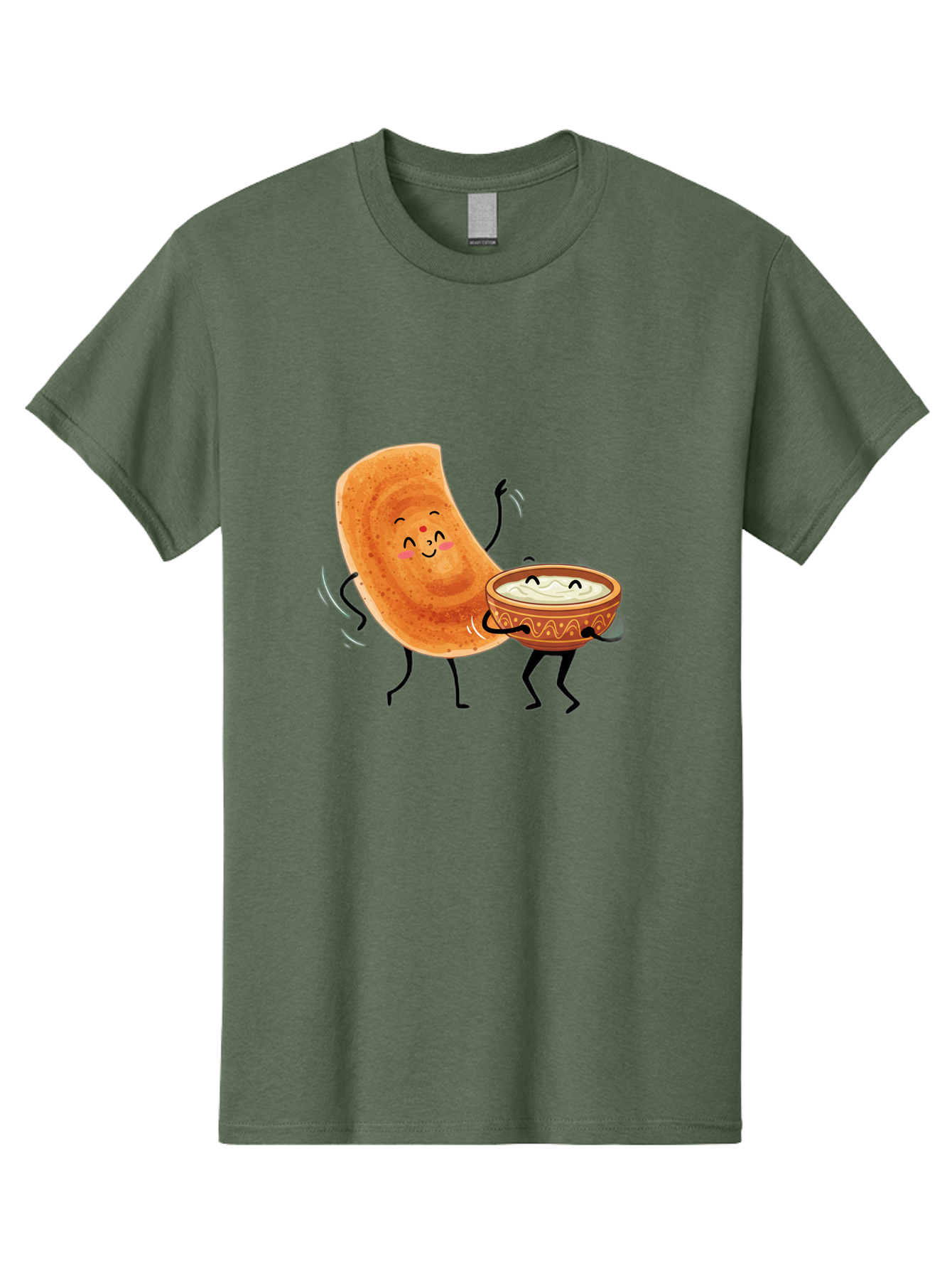 Dosa-And-Chutney Men'S Graphic Tee, 100% Cotton, Comfortable Casual Summer Wear, Machine Washable, Cartoon Papadum, Raita In Bowl, Smiling Faces, Happy Food, Indian Cuisine, Traditional Dish, Cartoon Characters, Funny Illustration, Baa534